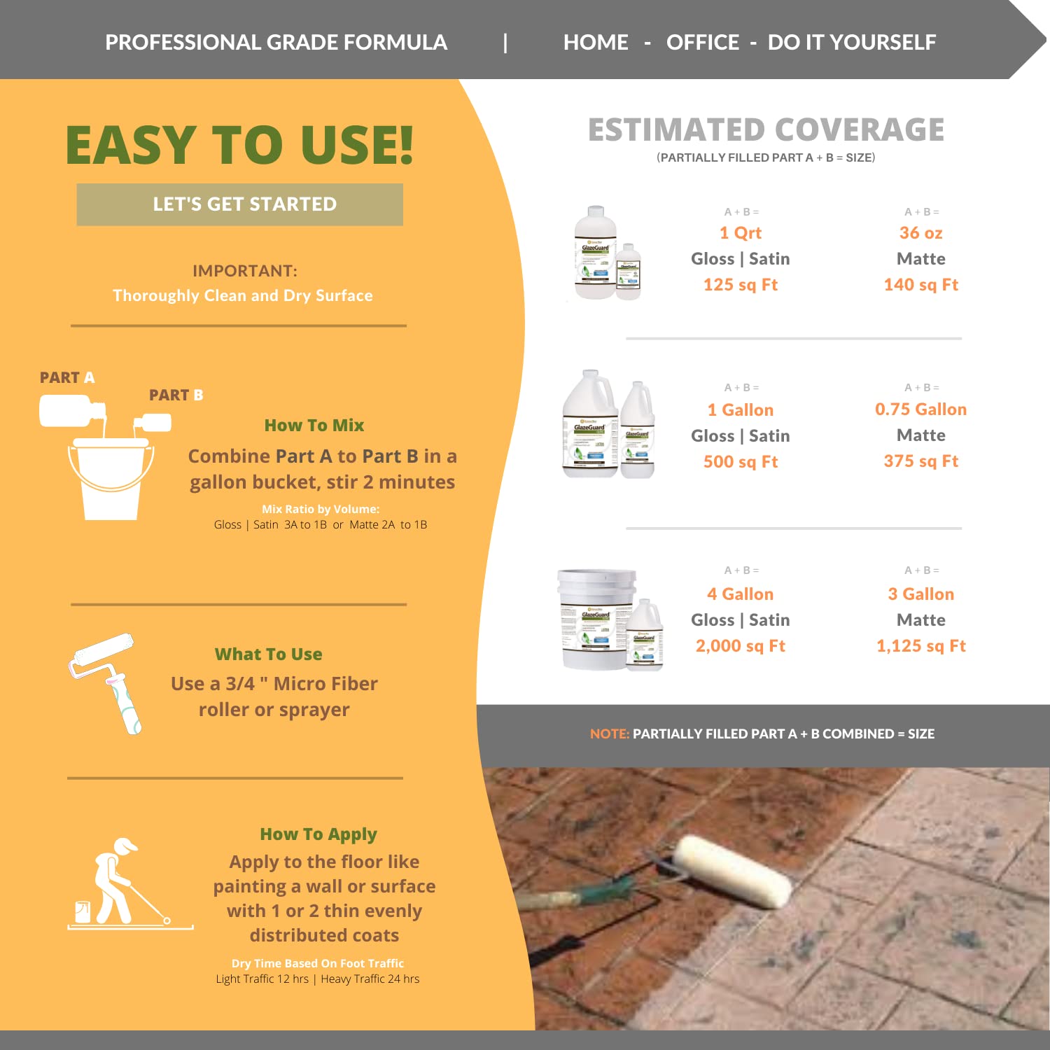 GlazeGuard Matte Natural Look Ceramic & Porcelain Tile Grout Sealer - Flat Finish Waterproof Protective Coating - 2 Part Kit (0.75 Gal) for Bathroom, Kitchen & Shower Tile Maintenance
