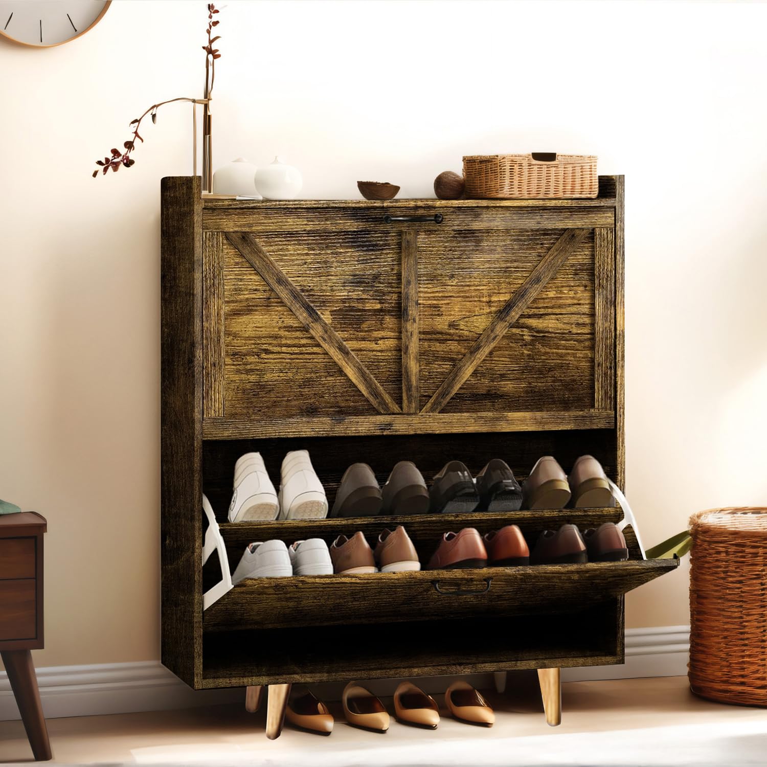 JOKOLO Shoe Cabinet Storage - Farmhouse Freestanding Organizer with 2 Flip Drawers & 4 Wooden Feet, Narrow Shoe Rack Cabinet for Entryway, Hallway or Bedroom - Rustic Brown Home Decor for Small Spaces