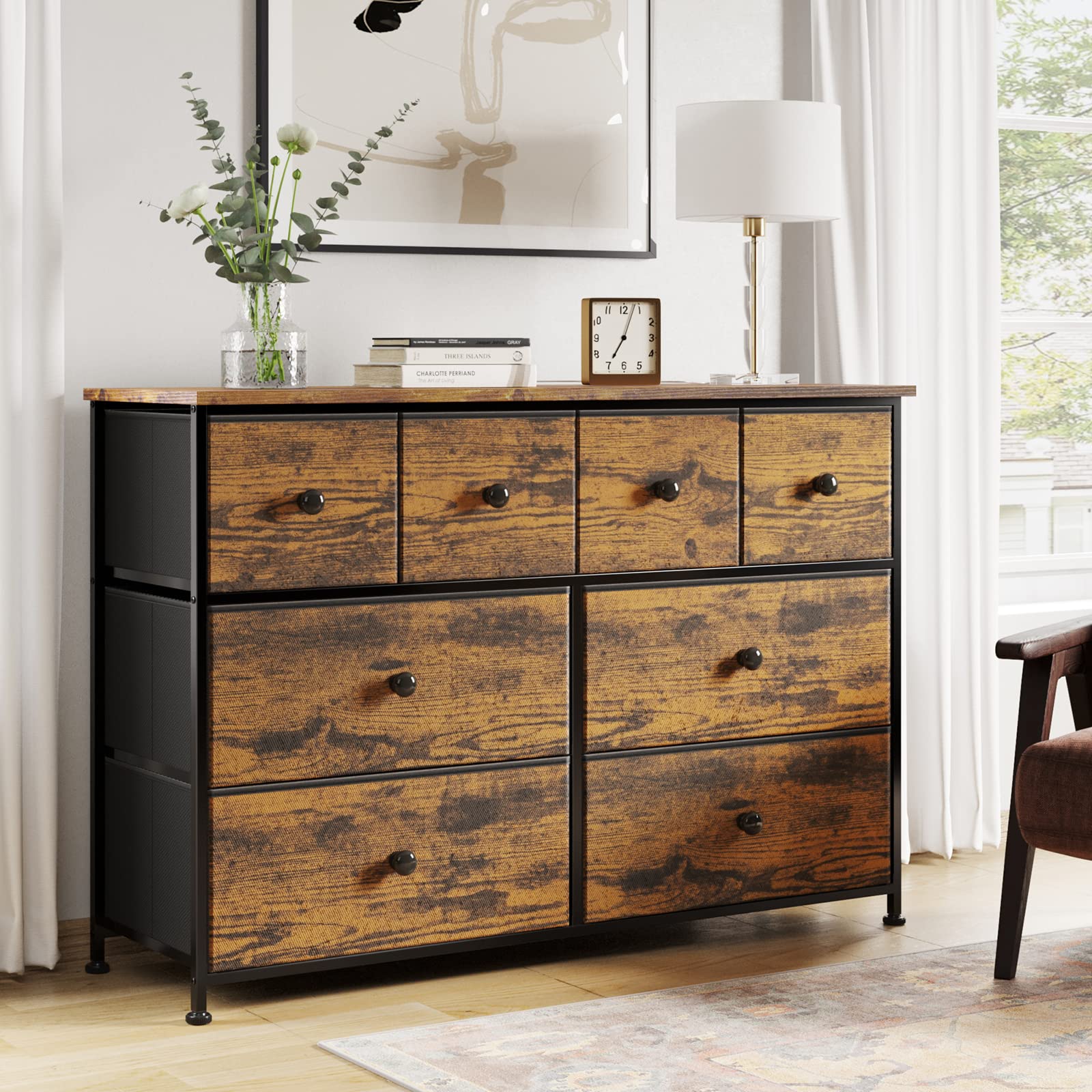 REAHOME 8-Drawer Fabric Dresser with Wooden Top - Sturdy Steel Frame Storage Chest for Bedroom, Living Room, Hallway & Nursery - Rustic Brown (LHM8R1) | Perfect for Closet Organization, Home Decor & Small Space Storage Solutions