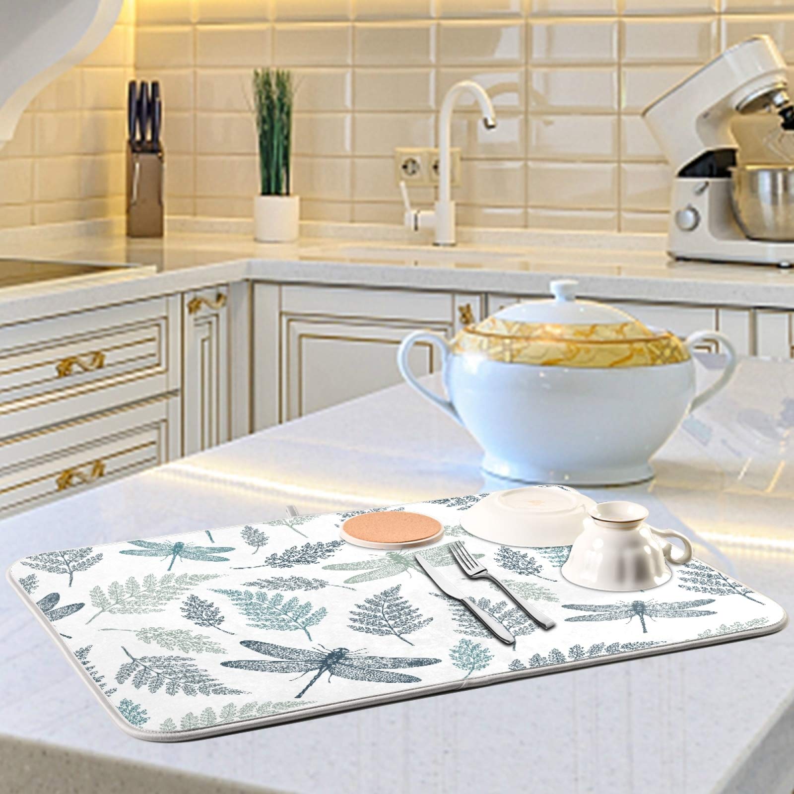 Susiyo Super Absorbent Microfiber Dish Drying Mat - 18x24 Inch Heat-Resistant Kitchen Counter Mat with Fern & Dragonfly Design | Perfect for Drying Dishes, Protecting Countertops & Decorating Your Kitchen