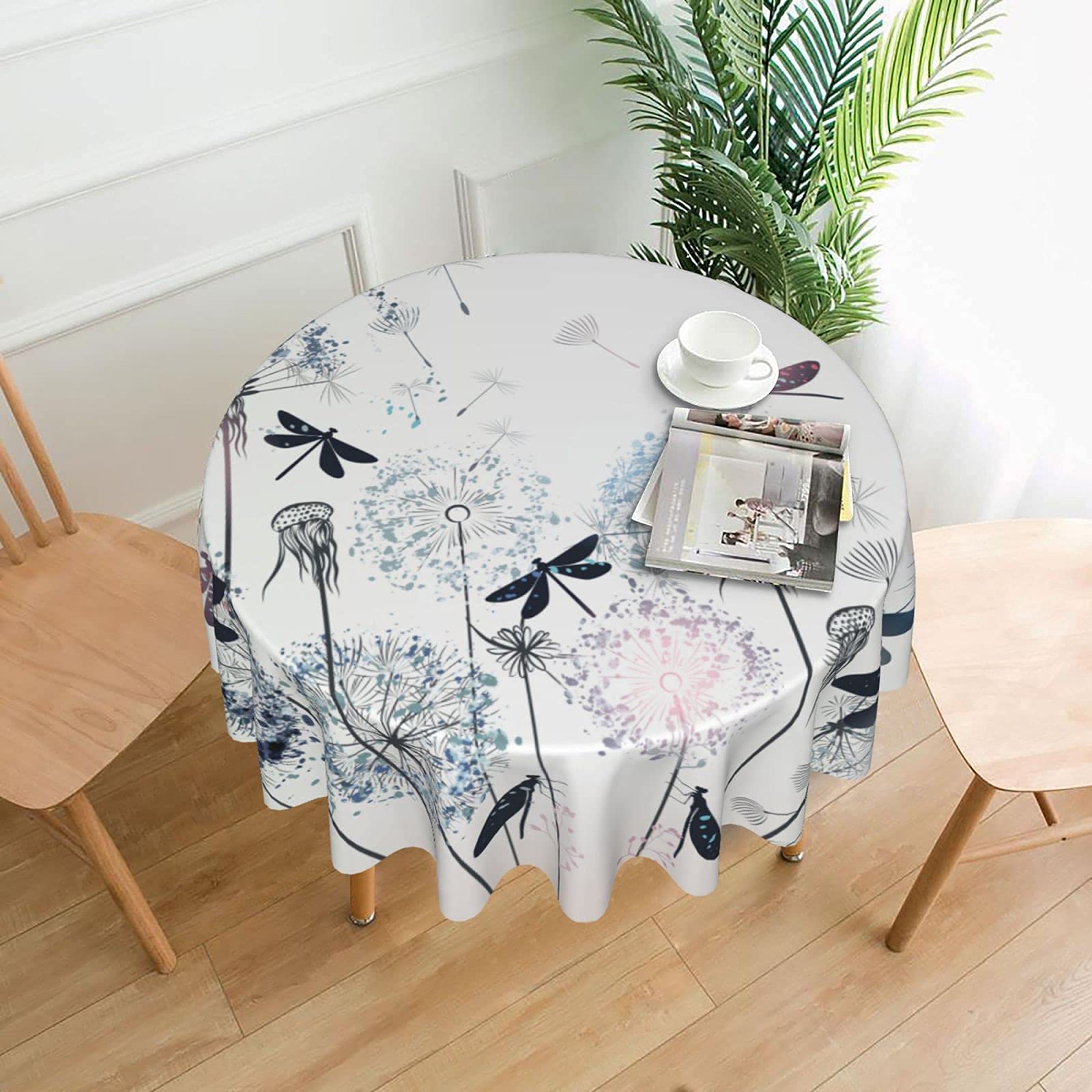 FREEHOTU Elegant Floral Dragonfly Round Tablecloth - Thickened Washable Table Cover for Kitchen, Dining, Party Decor (60 Inch) - Perfect for Daily Use, Holiday Gatherings & Outdoor Picnics