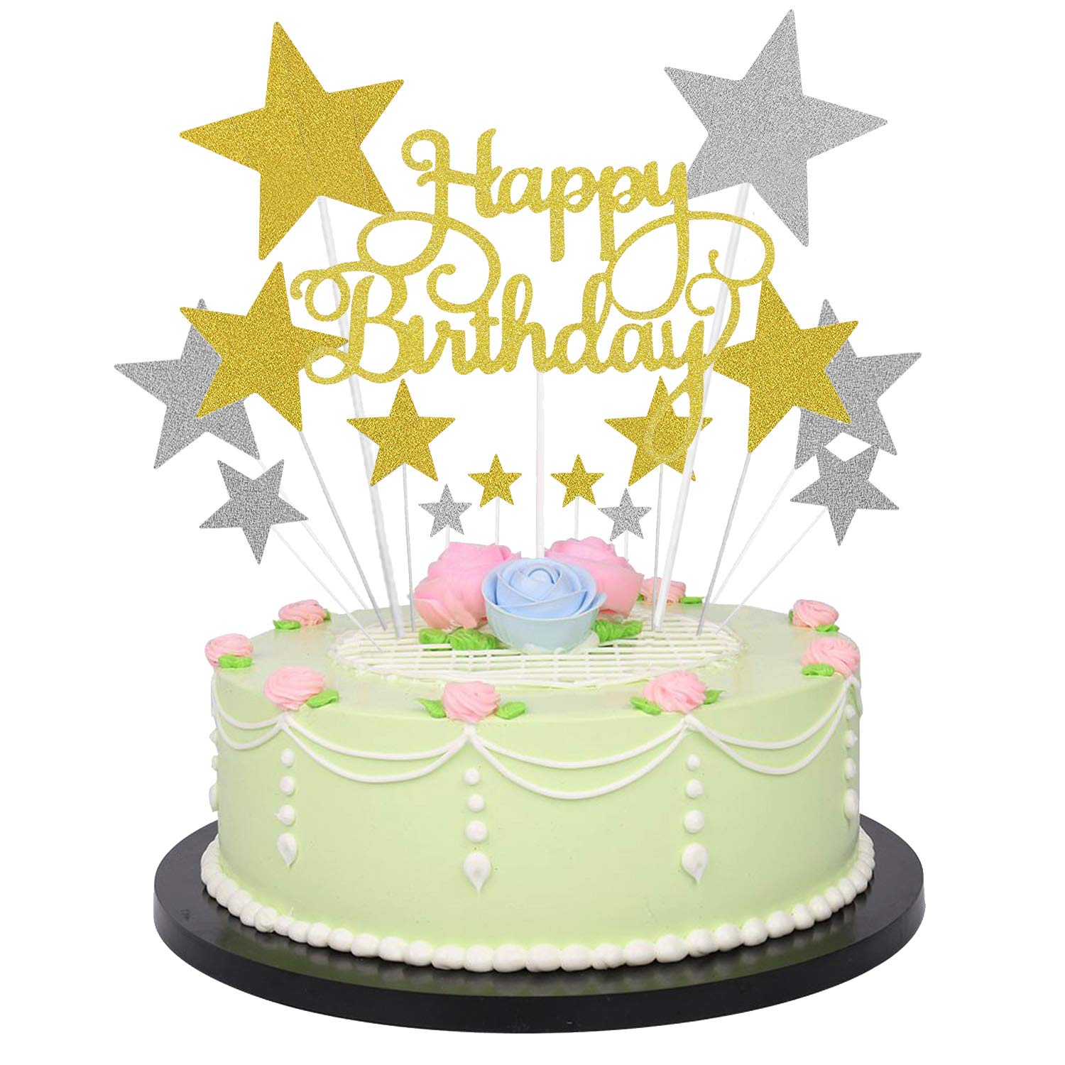 Happy Birthday Cake Topper Set - 14Pcs Gold & Silver Glitter Star Cupcake Toppers for Kids, Boys, Girls & Adults | Birthday Party Decorations | Perfect for Cakes, Cupcakes, Gift Tags & Cards