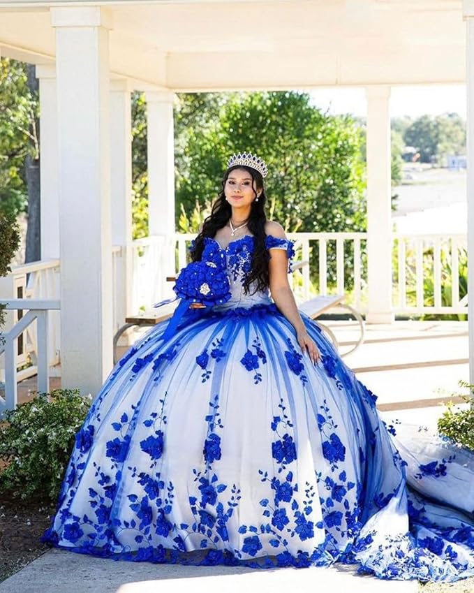 Royal Blue Quinceañera Dresses for Sweet 15 - Princess Beaded Pearls & 3D Flower Ball Gown | Perfect for Quinceañera Celebrations, Birthday Parties & Special Occasions