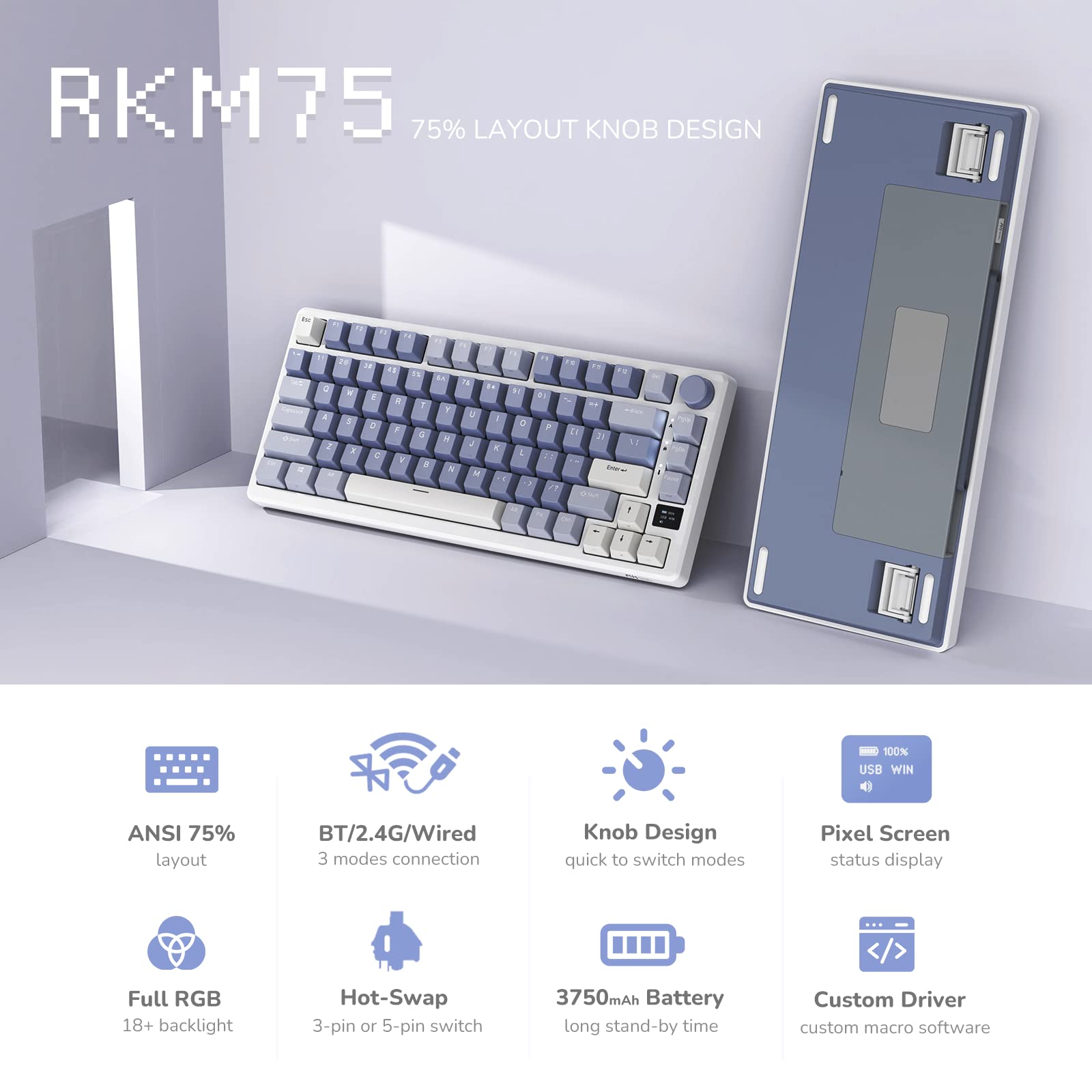 RK ROYAL KLUDGE M75 75% Wireless Mechanical Gaming Keyboard - OLED Smart Display, Volume Knob, RGB Backlit, Hot-Swap Fast Silver Switch, 2.4G/USB-C/BT Triple Mode, Gasket Mounted (81 Keys) - Perfect for PC Gaming, Office Work & Typing Enthusiasts