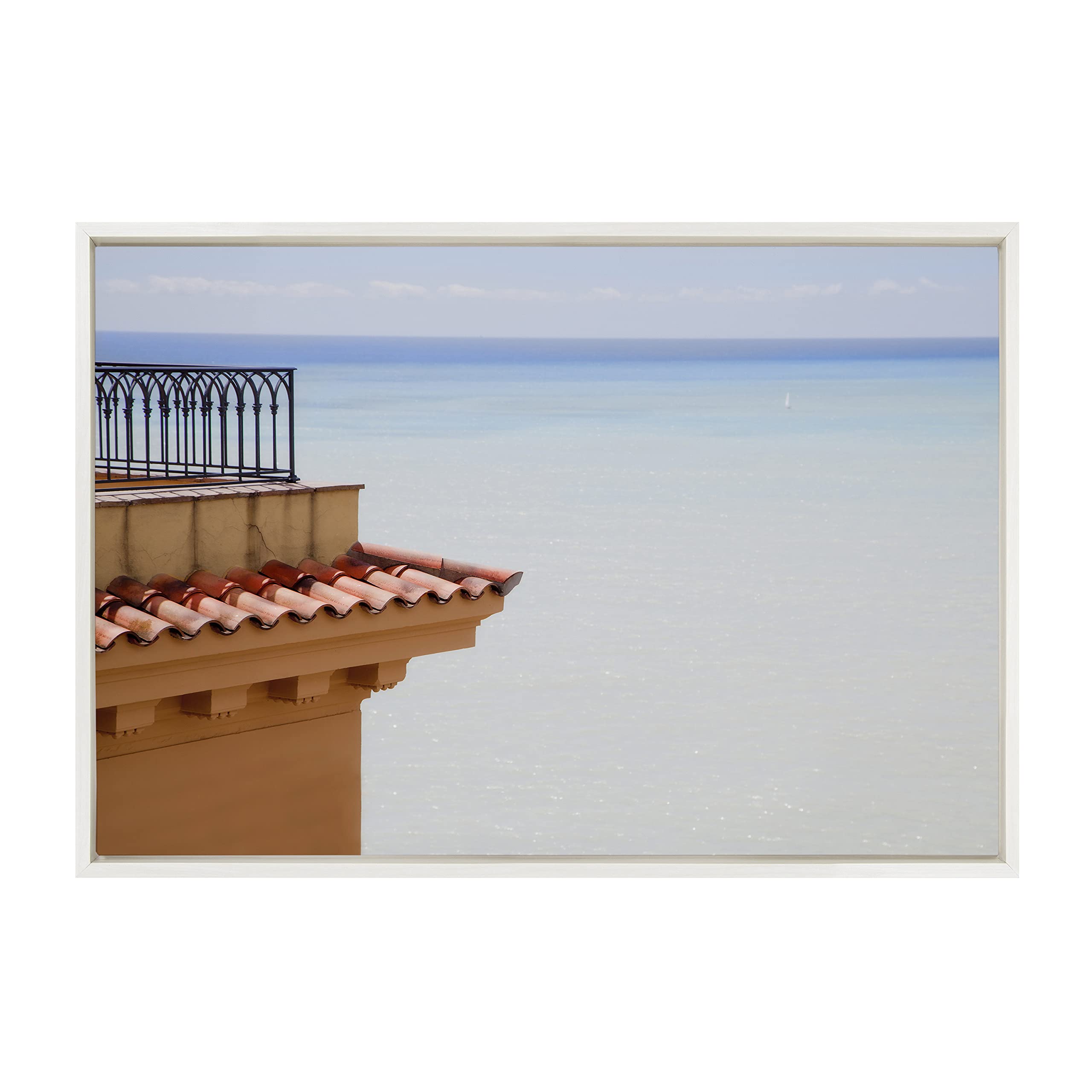 Kate & Laurel Sylvie Castle Hill Framed Canvas Wall Art - 23x33 Inches, White - French Riviera Coastal Decor for Living Room, Bedroom & Office