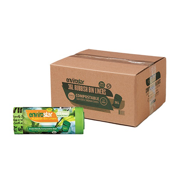 Eco-Friendly Envirostar 36L Compostable Trash Bags - 18 Micron Thick Biodegradable Kitchen Waste Liners for Home, Office & Outdoor Composting