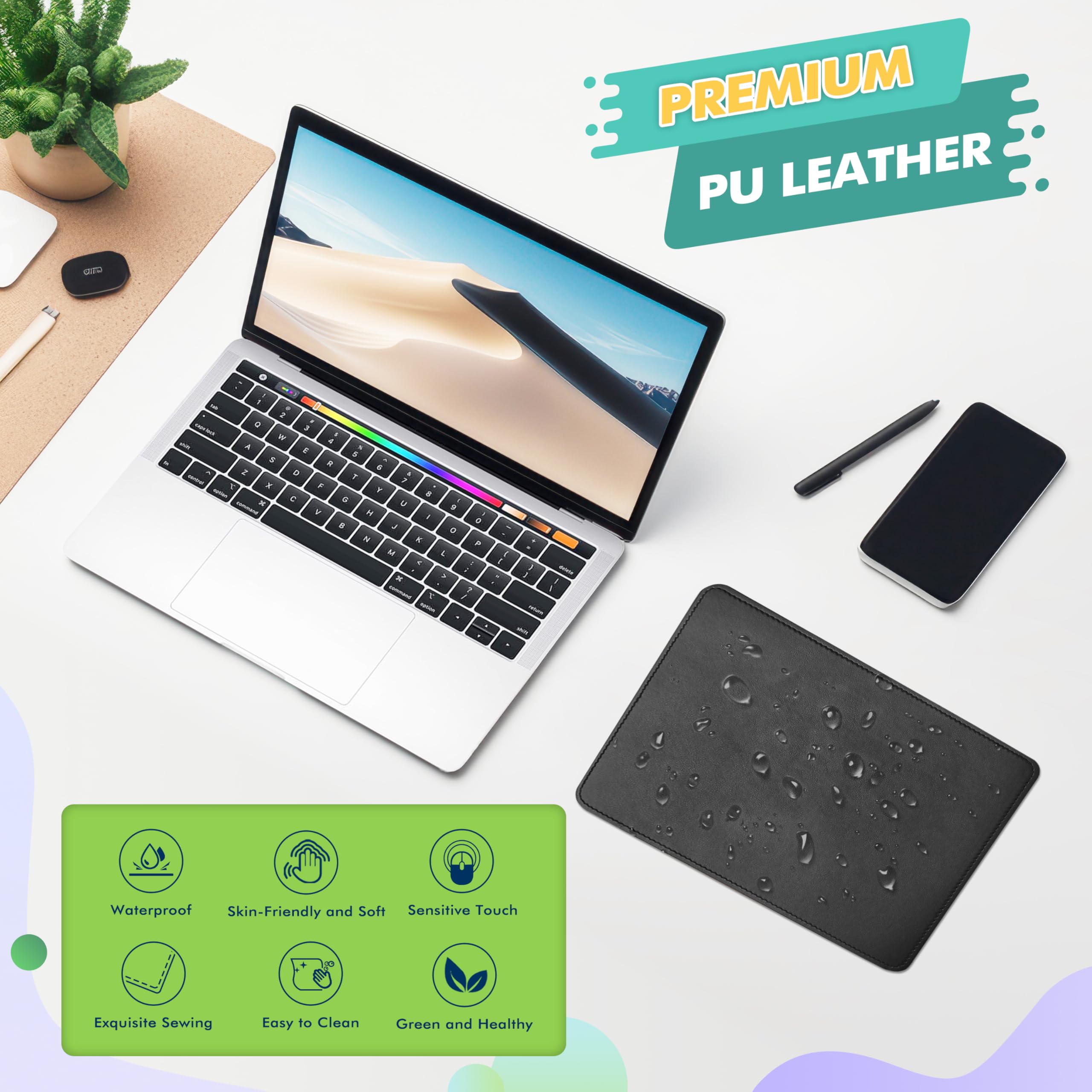 Premium PU Leather Mouse Pad with Stitched Edge & Non-Slip Microfiber Base - Waterproof Desk Mat for Computer, Laptop, Gaming (8x11 Inch, Black) - Perfect for Office, Home & Gaming Setup
