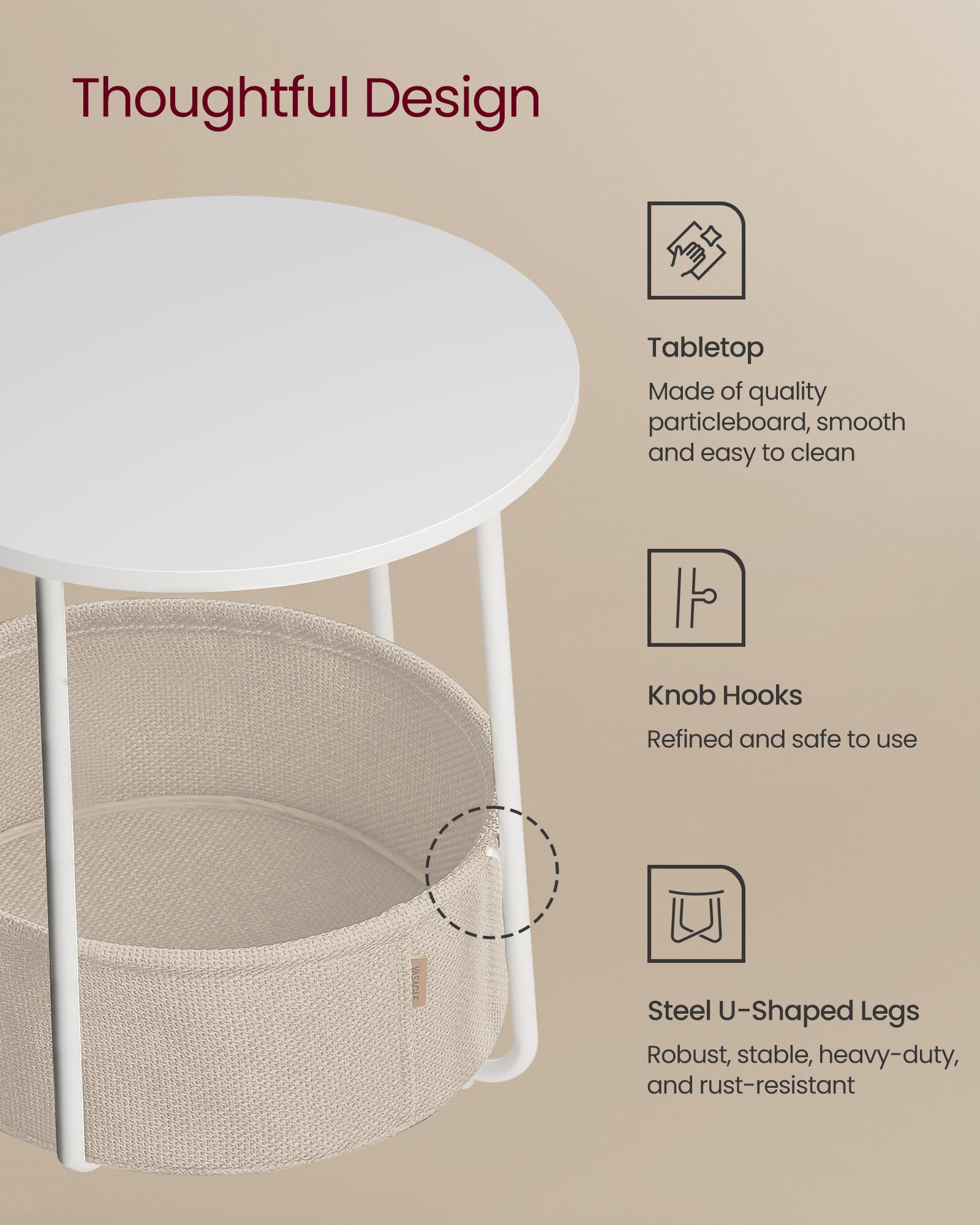 VASAGLE Round Side Table with Fabric Basket - Modern End Table for Living Room, Bedroom, or Nightstand - White and Beige LET223W10 - Perfect for Small Spaces, Home Decor, and Extra Storage