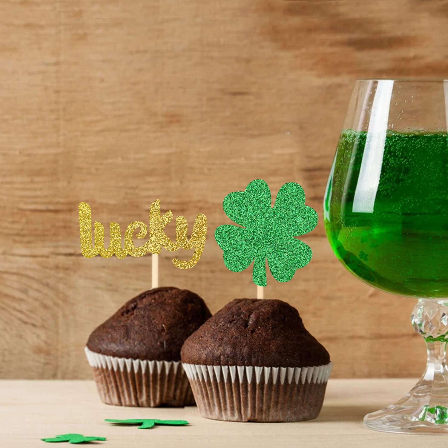 St. Patrick's Day Cupcake Toppers - Glitter Shamrock & Leaf Decorations for St. Patrick's Day Cupcakes | Perfect for St. Patrick's Day Party Decor, Birthday Celebrations & Holiday Baking