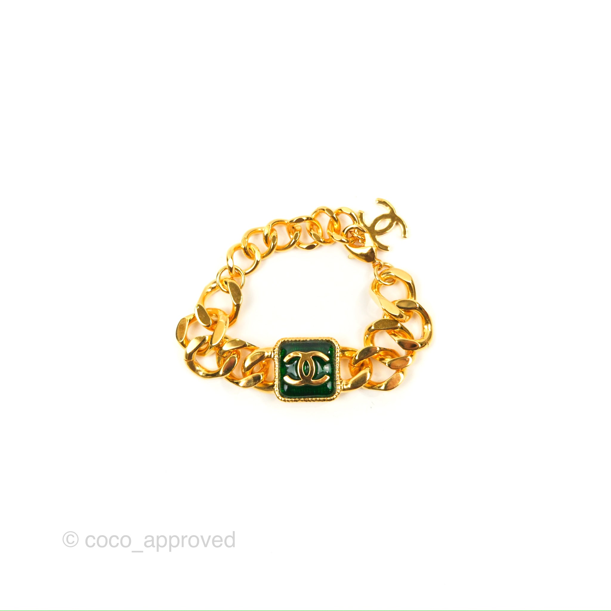 Chanel Chain CC Green Resin Bracelet in Gold Tone 20K - Elegant Fashion Jewelry for Women, Perfect for Parties, Weddings & Special Occasions