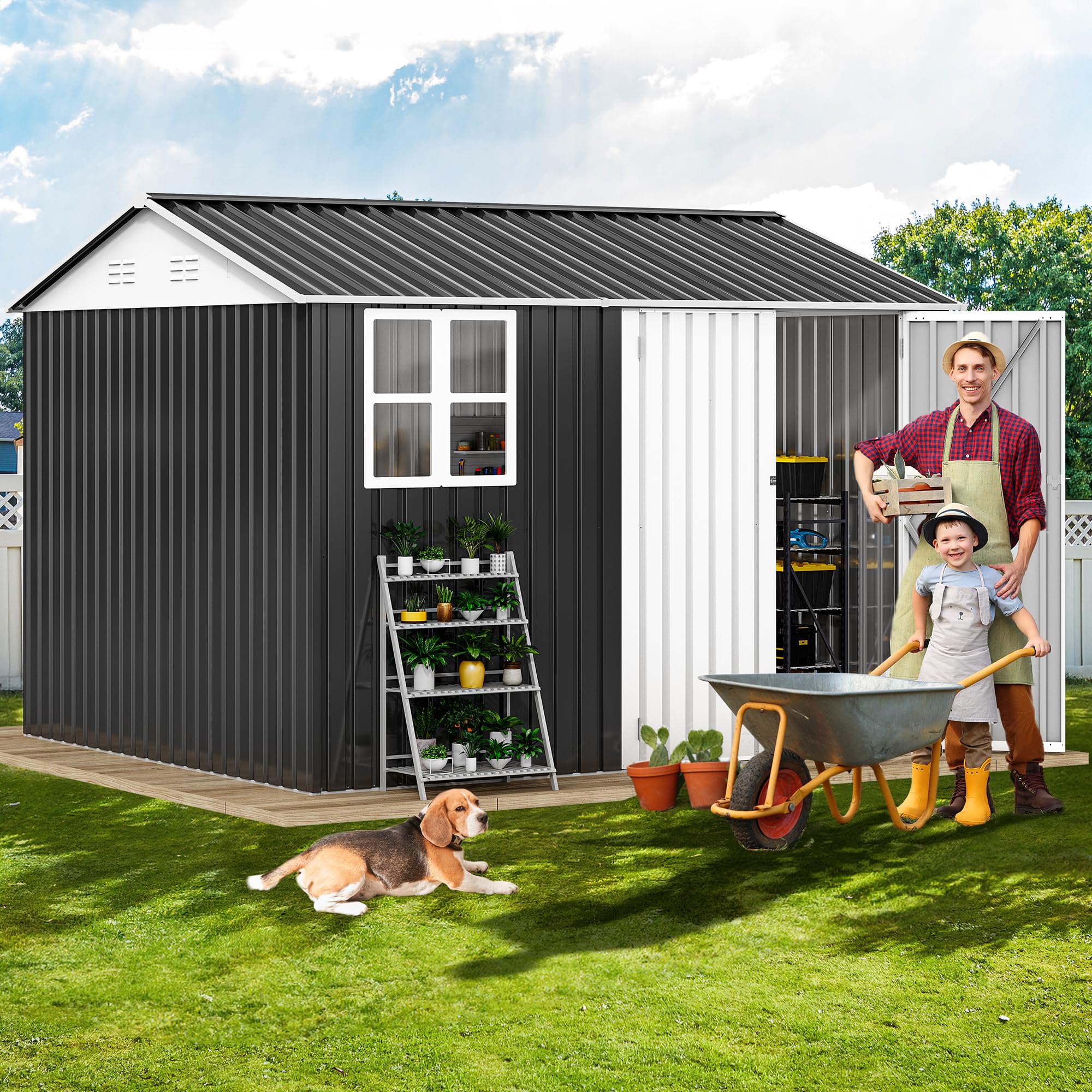 DWVO 10x8ft Heavy Duty Metal Outdoor Storage Shed with Window & Lockable Door - Large Steel Garden Shed with Sloped Roof for Backyard, Patio, Garage - Perfect for Storing Lawn Equipment, Tools & Seasonal Items (Dark Gray)