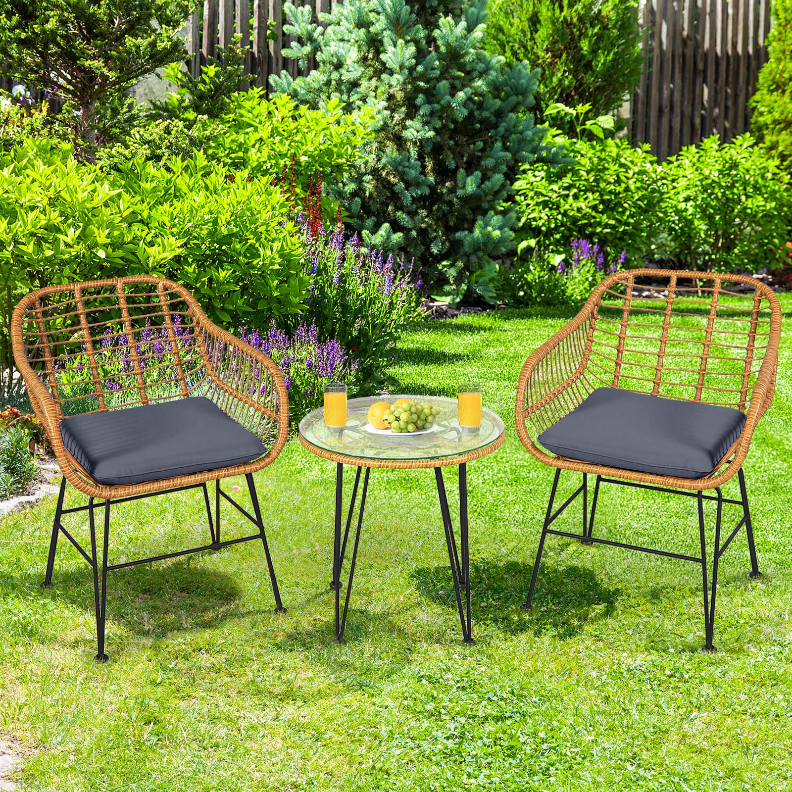 HappyGrill 3-Piece Rattan Bistro Set with Steel Frame Round Coffee Table & Soft Cushions - Outdoor Patio Dining Furniture for Garden, Balcony, or Backyard Relaxation