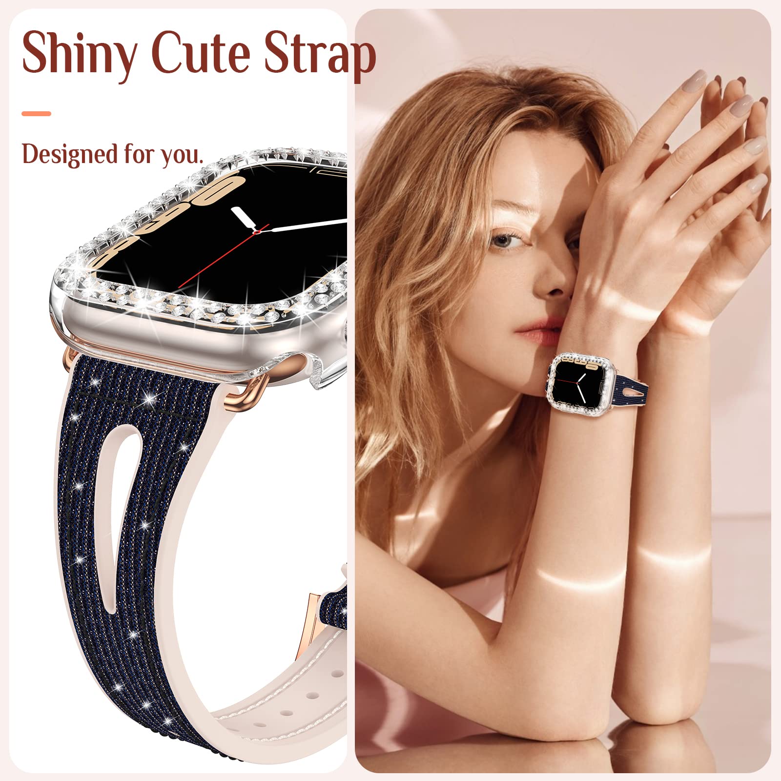 Goton Bling Band Case - Compatible with Apple Watch 46mm 42mm 45mm 44mm 41mm 40mm 38mm (Series 10/9/8/7/SE/6/5/4/3/2) - Women's Glitter Rhinestone Silicone Strap with Bumper Cover - Perfect for Workouts, Parties & Everyday Fashion Accessory