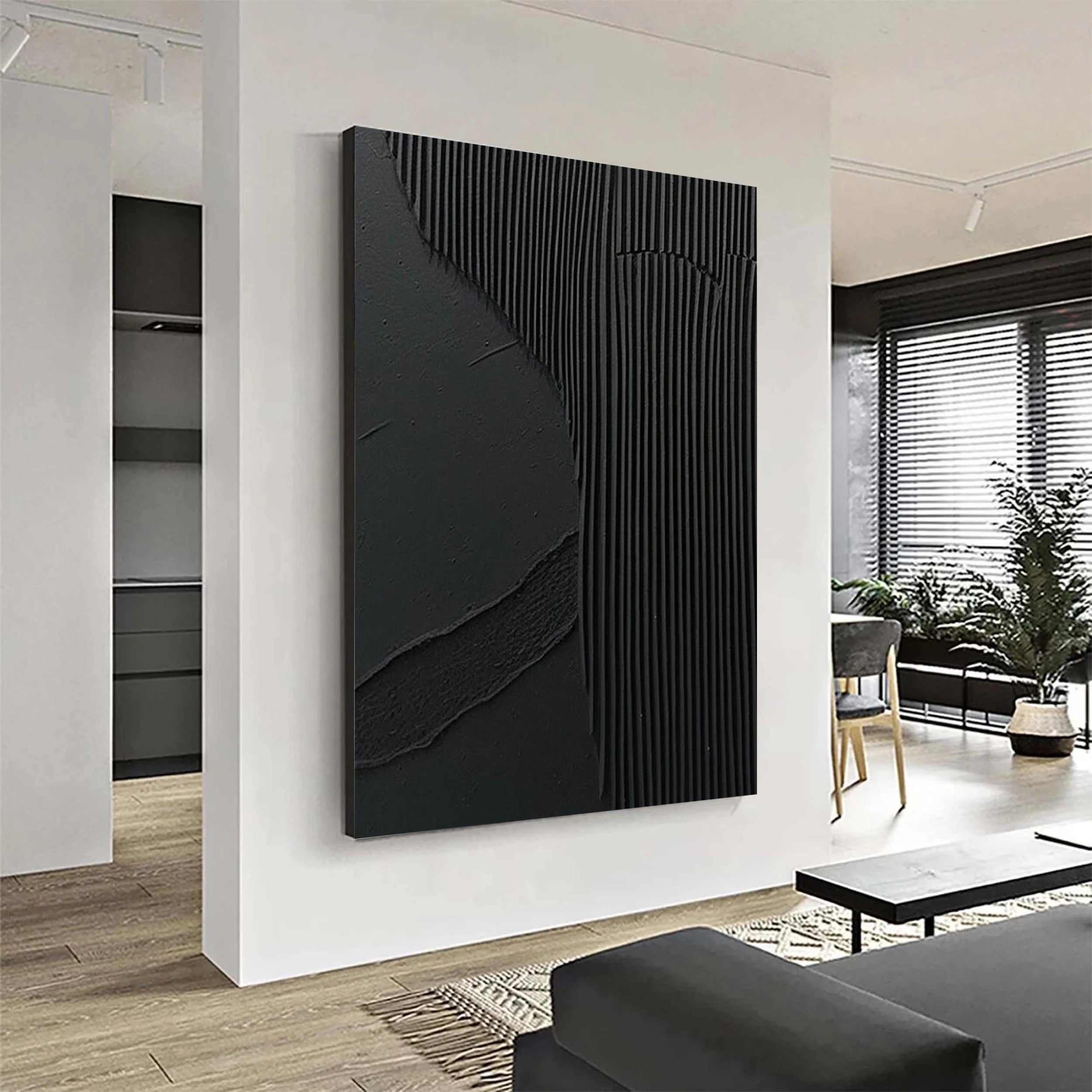 Black Minimalist Textured Painting Canvas - Modern Abstract Wall Art for Home & Office Decor | Perfect for Living Room, Bedroom & Studio | #MZ075