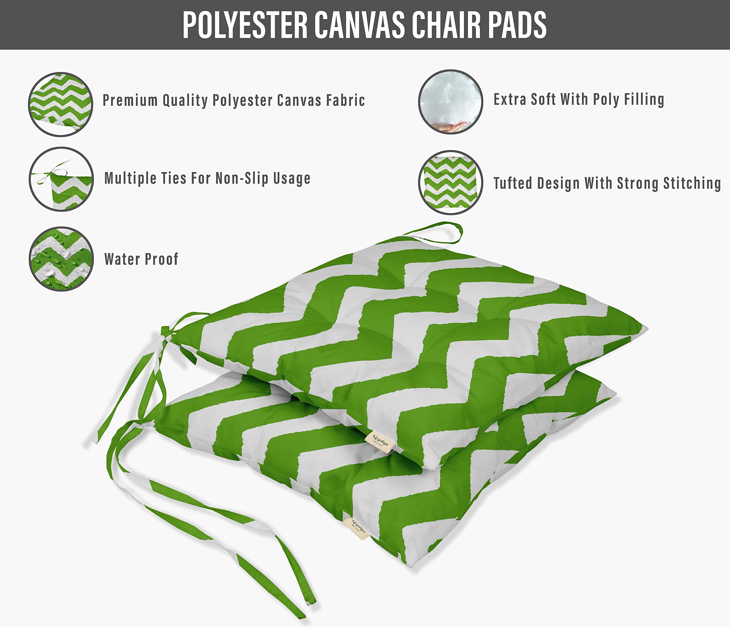 Water Resistant Indoor/Outdoor Tufted Square Patio Cushion Set of 2 - 19-Inch Green Chevron Printed Seat Cushions for Garden, Poolside & Deck Furniture | Durable & Weatherproof