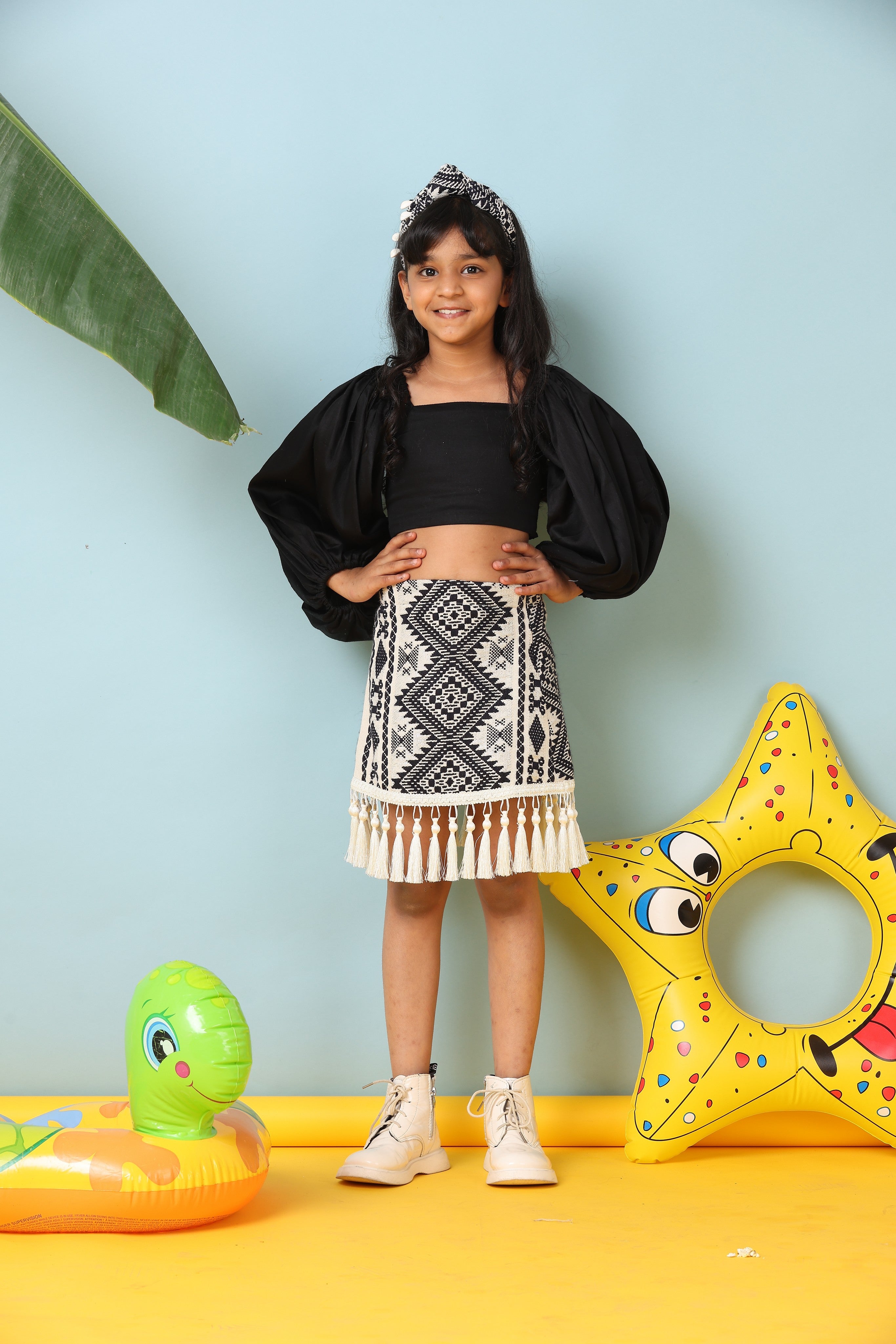 Boho Style Shirt Skirt Set with Plain Black Balloon Top - Women's Fashion Outfit for Casual Wear, Beach Vacation & Summer Outings
