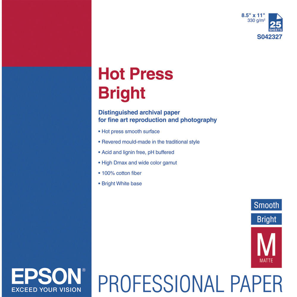 Epson Hot Press Bright Smooth Paper 8.5x11 Inches - 25 Sheets Pack - Premium Glossy Photo Paper for Inkjet Printers - Ideal for High-Quality Prints, Photos, and Art Projects