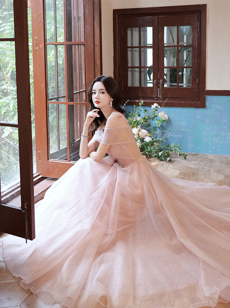 Elegant Pink Tulle Off Shoulder Lace Long Prom Dress for Women - Romantic Evening Gown for Homecoming, Wedding, Party & Special Occasions