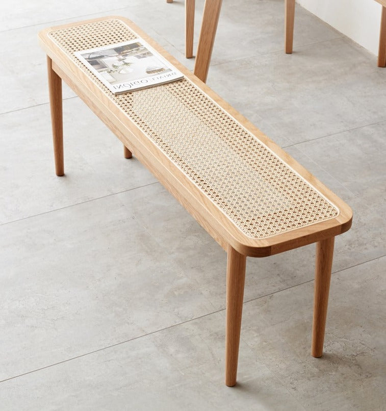 Solid Oak Wood Rattan Bench - Rustic Entryway, Patio, or Garden Seating - Handwoven Wicker Design for Indoor and Outdoor Use