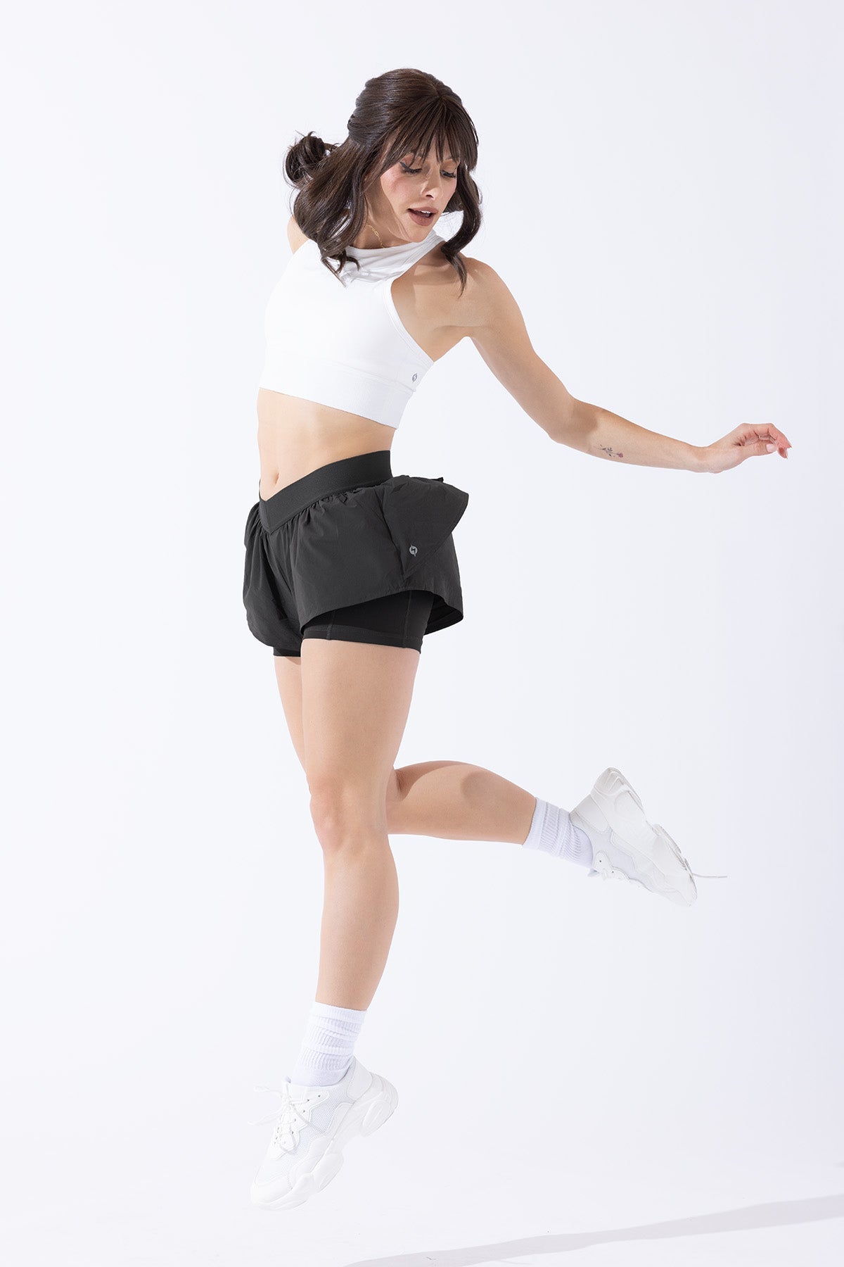 On the Run Ruffle Shorts - Women's Stylish Black Athletic Shorts for Running, Yoga & Casual Wear