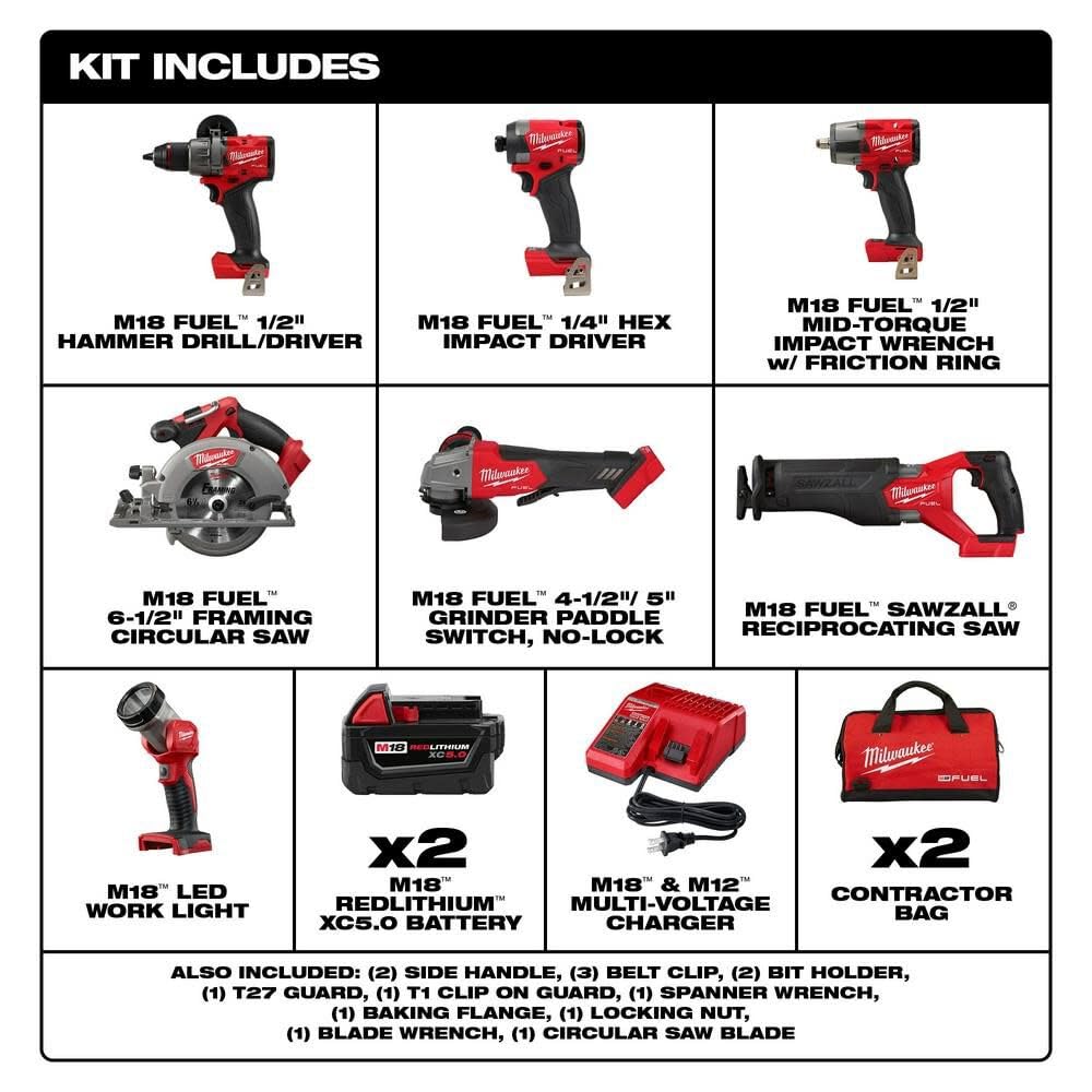 Milwaukee M18 FUEL 18V Brushless Cordless Power Tool Combo Kit with 2x 5.0Ah Batteries, Charger & Tool Bags (7-Piece Set) - Perfect for Construction, Woodworking, and DIY Home Improvement Projects
