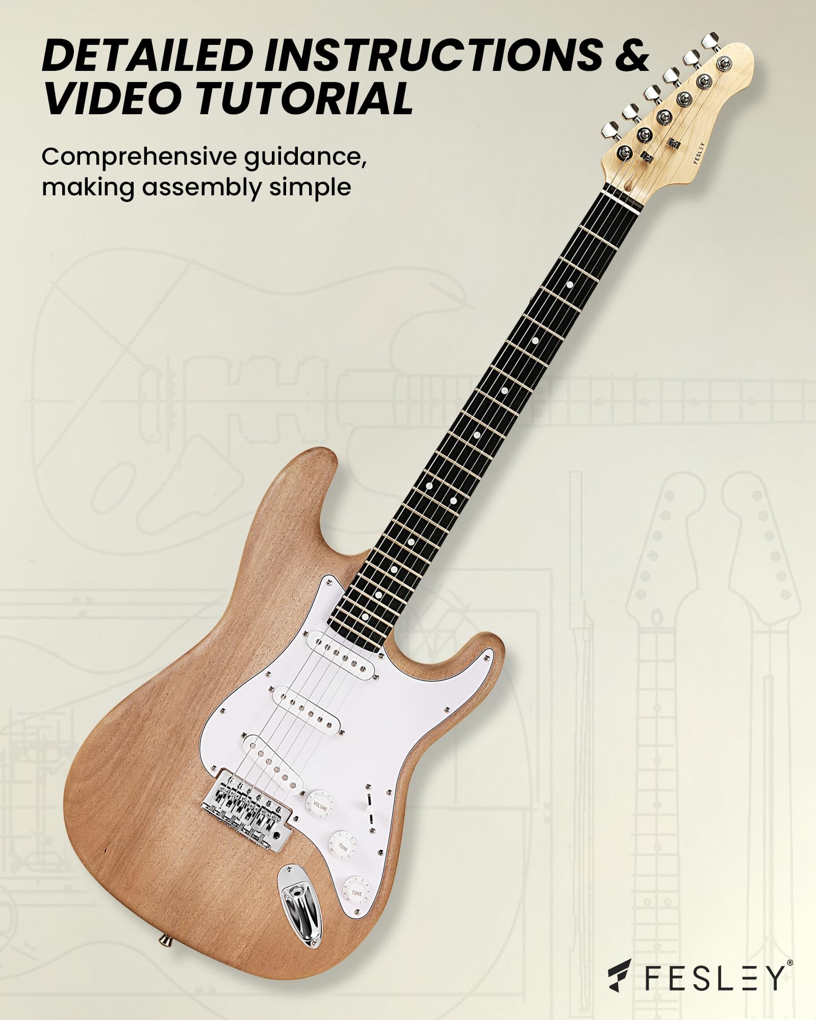 Fesley DIY Electric Guitar Kit - Mahogany Body & Maple Neck, 6-String ST Style Guitar with Techwood Fretboard & SSS Pickups - Perfect for Beginners to Build Their Own Custom Guitar | Great for Home Practice, Music Lessons & Rock Performances