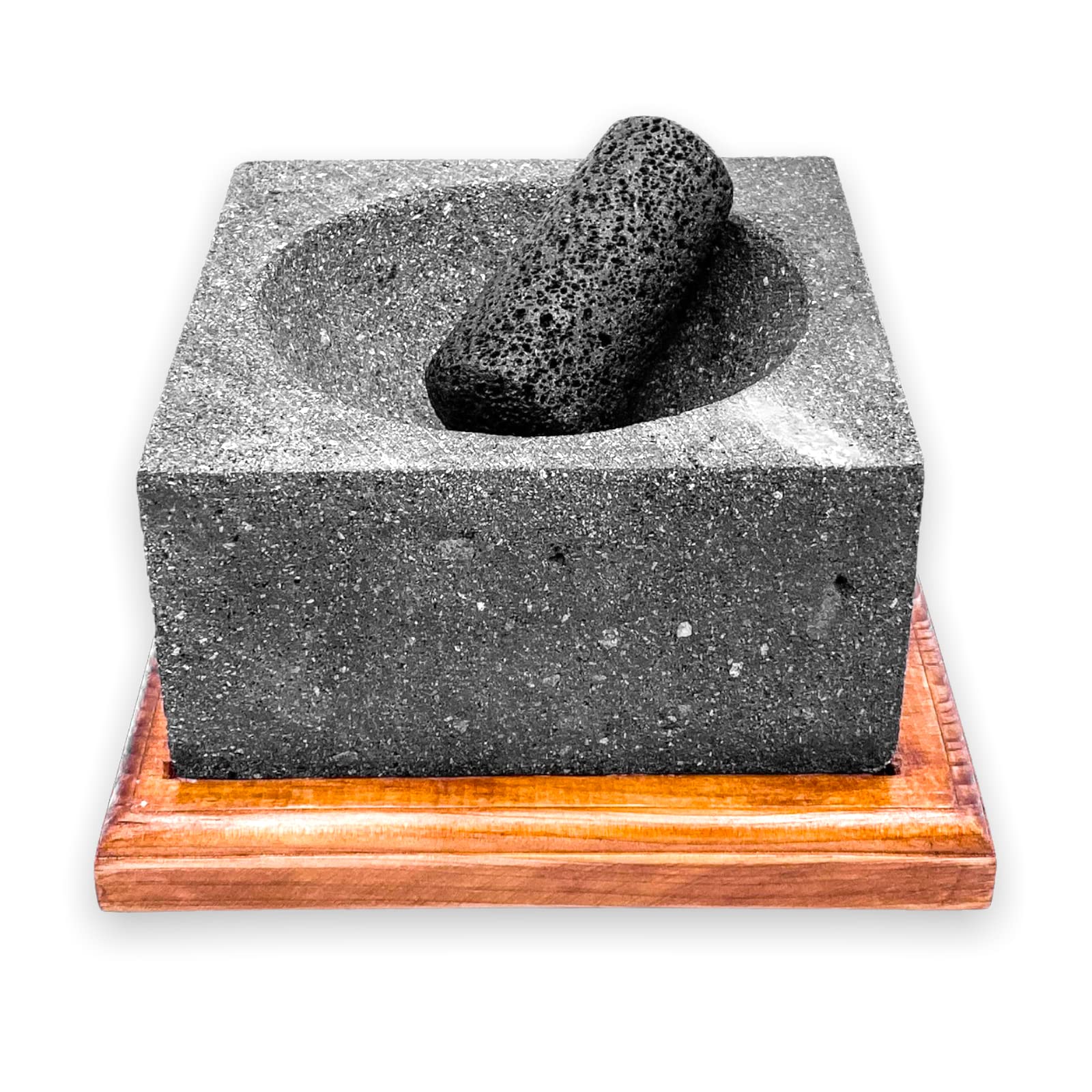 Handcrafted 6.5 Inch Mexican Lava Stone Molcajete Mortar & Pestle with Wooden Base - Authentic Volcanic Rock for Grinding Spices - Perfect for Making Guacamole, Salsa, Mexican Dishes & Kitchen Decor - Durable & Long-lasting Traditional Cookware (IXCHEL)
