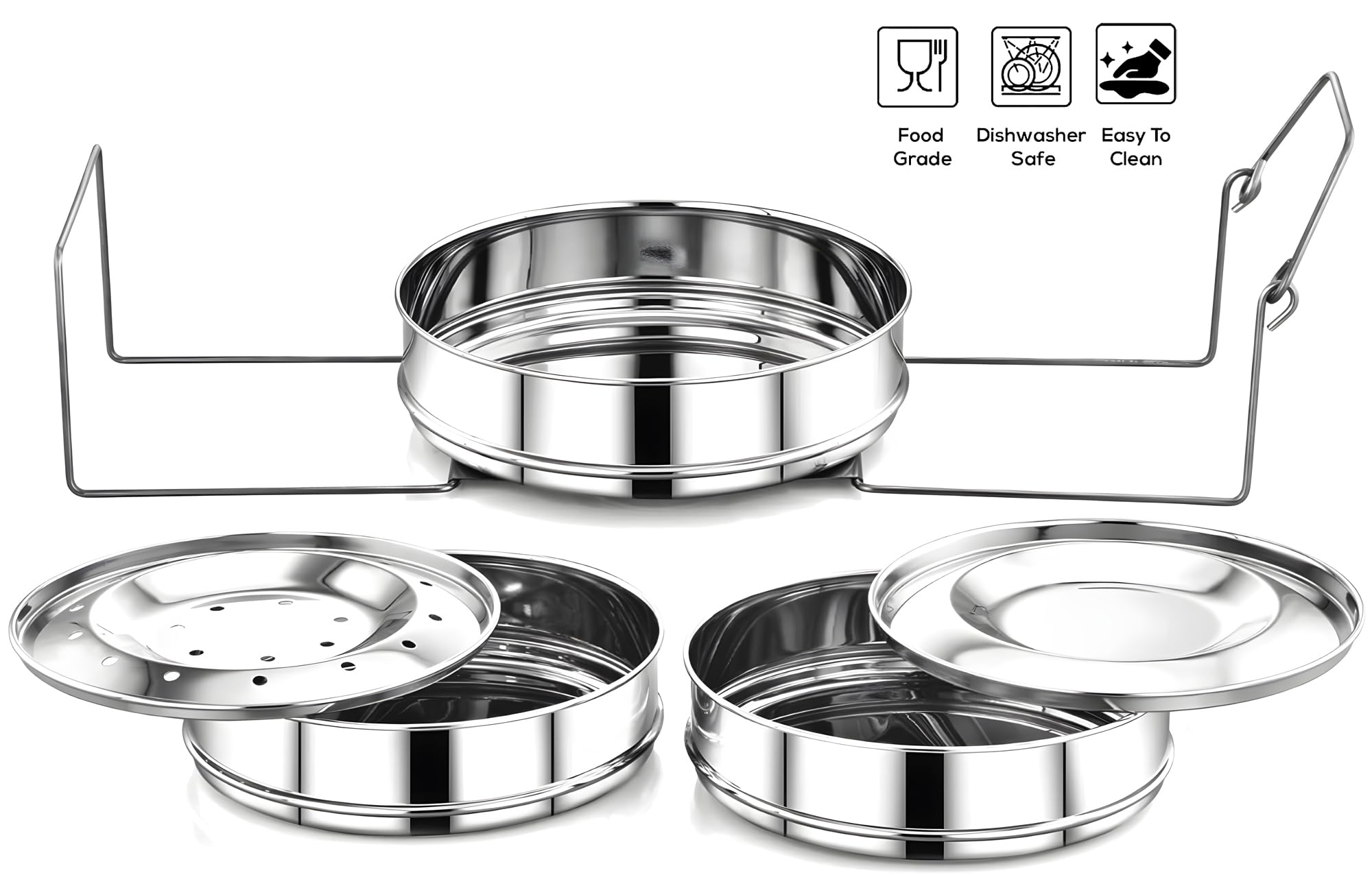 Stainless Steel 3-Tier Stackable Steamer Insert Pans for Instant Pot - 6 Qt & 3 Qt Compatible, 6 x 6 x 3.5 Inches - Perfect for Steaming Vegetables, Dumplings, Eggs & Meal Prep in Pressure Cooker