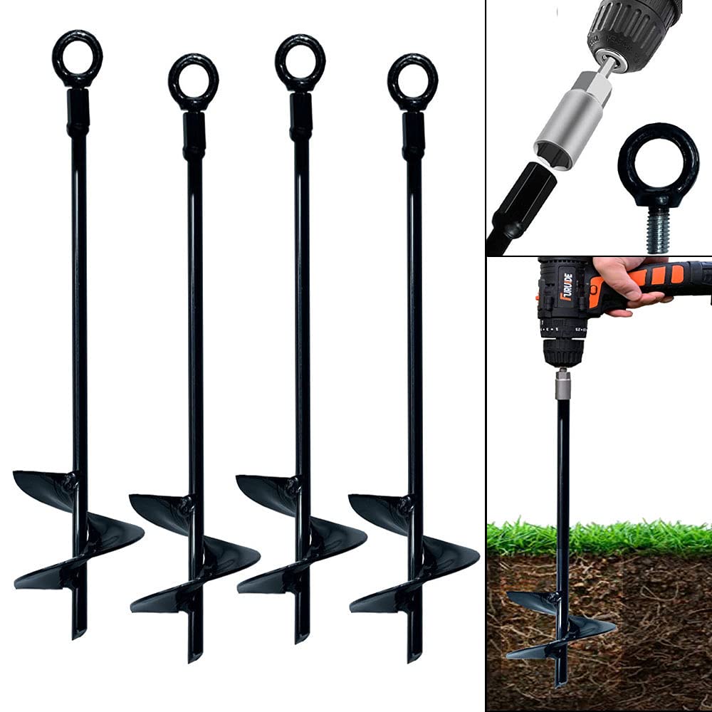 15 Inch Heavy Duty Ground Anchors Screw-in Kit - Set of 4 Tent Stakes for Trampoline, Swing Set & Outdoor Equipment - High Wind Resistant Earth Anchors for Metal Structures (Black) | Perfect for Backyard, Camping & Storm Protection