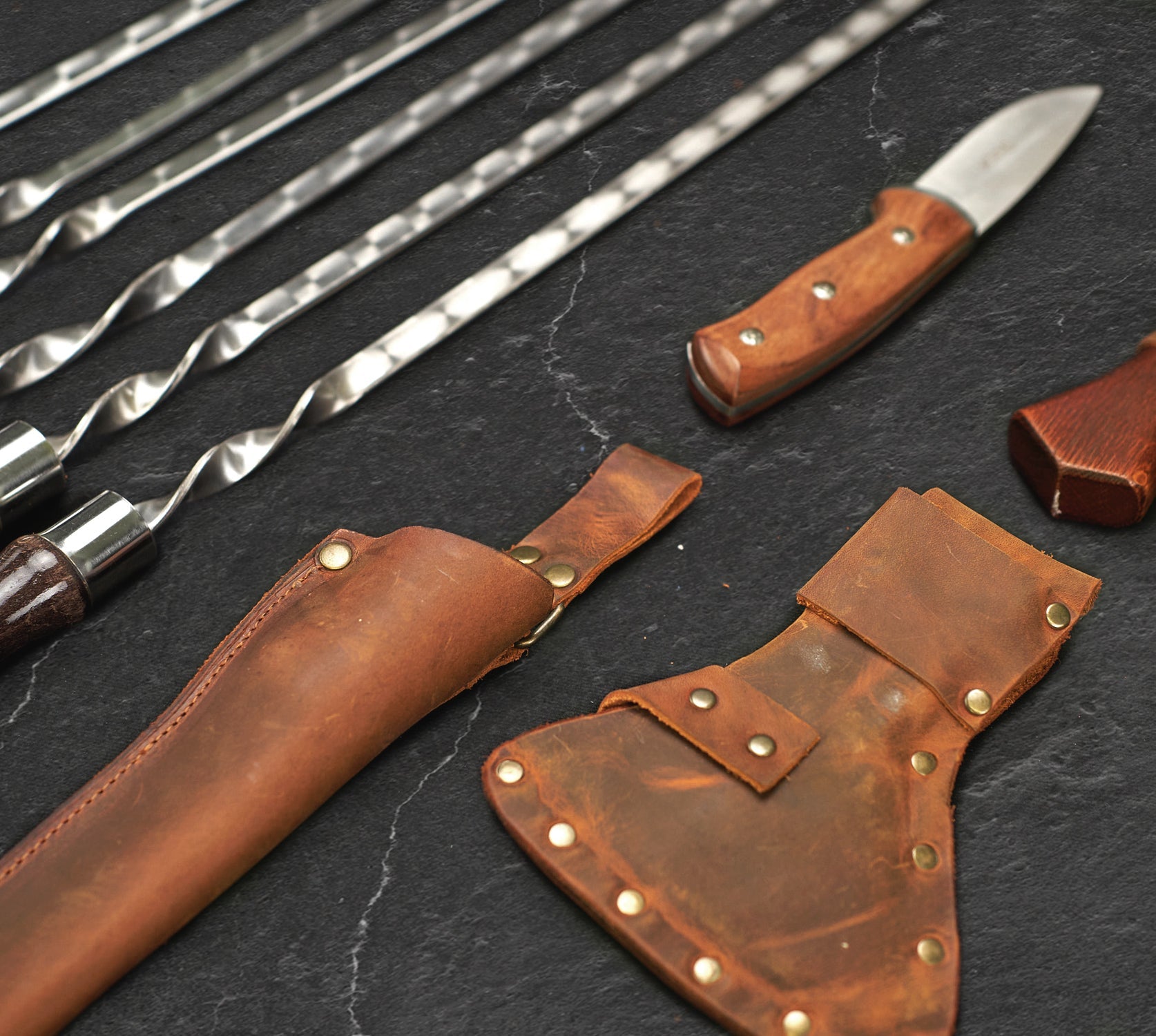 Premium Stainless Steel BBQ Skewers Set with Leather Case - 9-Piece Camping & Grilling Accessories Kit for Outdoor Cooking, Picnics, and Backyard Parties