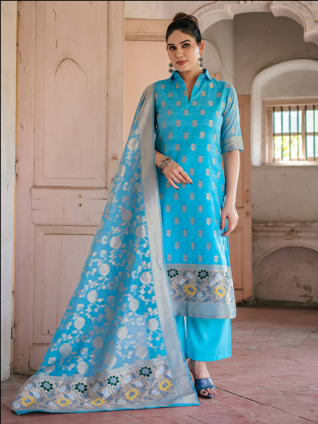 Stylish Blue Designer Pant Suit with Wevon Pattern - Perfect for Office Wear, Business Meetings & Formal Events