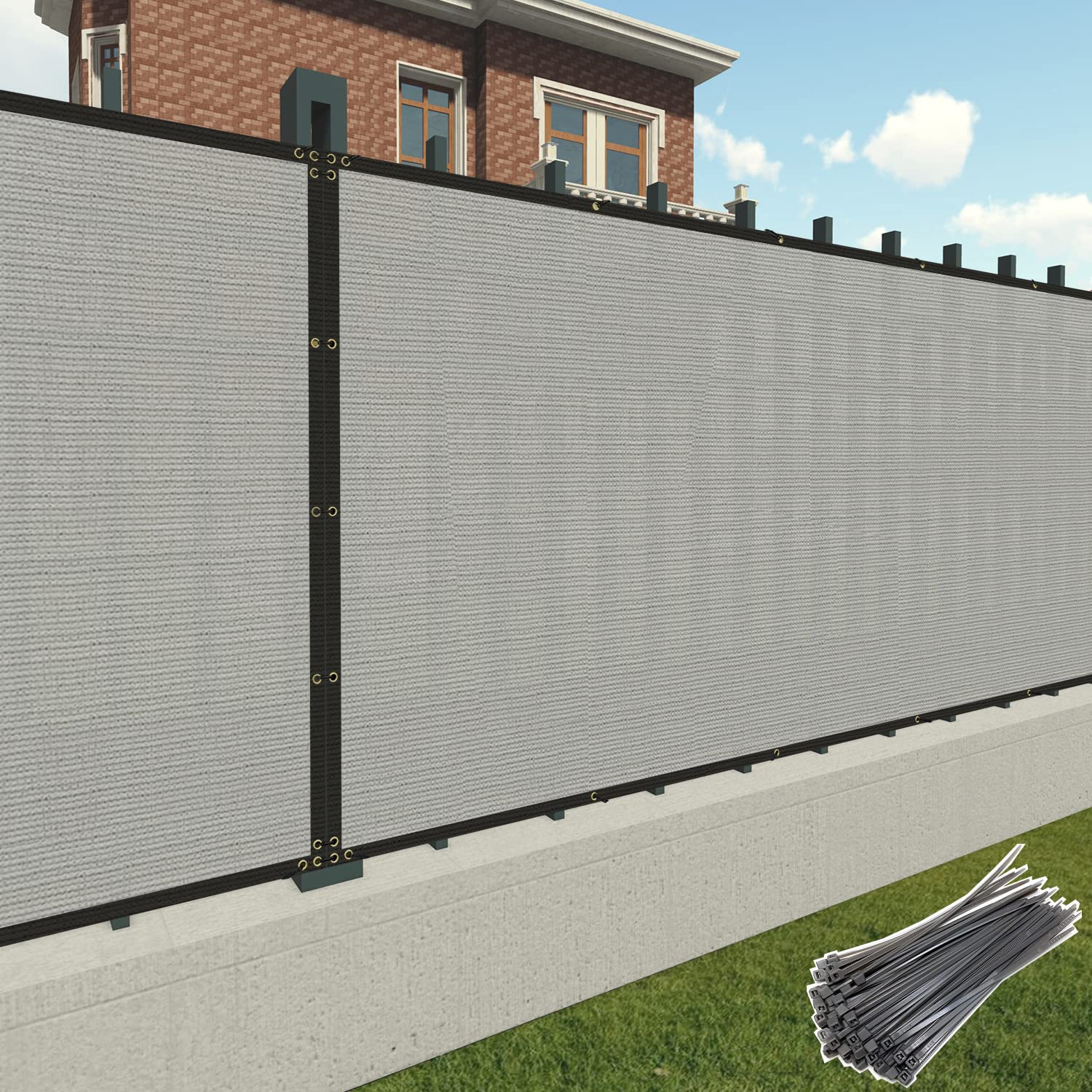 4' x 175' Commercial Grade Grey Privacy Screen Mesh Shade Fabric with Brass Grommets - Heavy Duty Outdoor Windscreen for Patio, Pool, Garden, and Fence Protection - Includes Zip Ties for Easy Installation