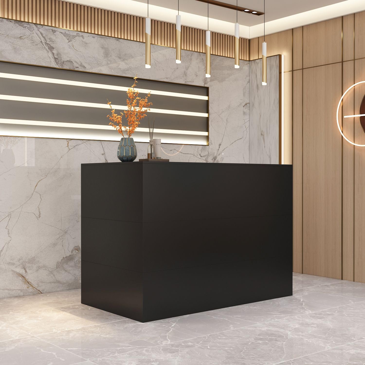 MOUMON L-Shaped Reception Desk with Storage, Keyboard Tray & Shelves - 55.9