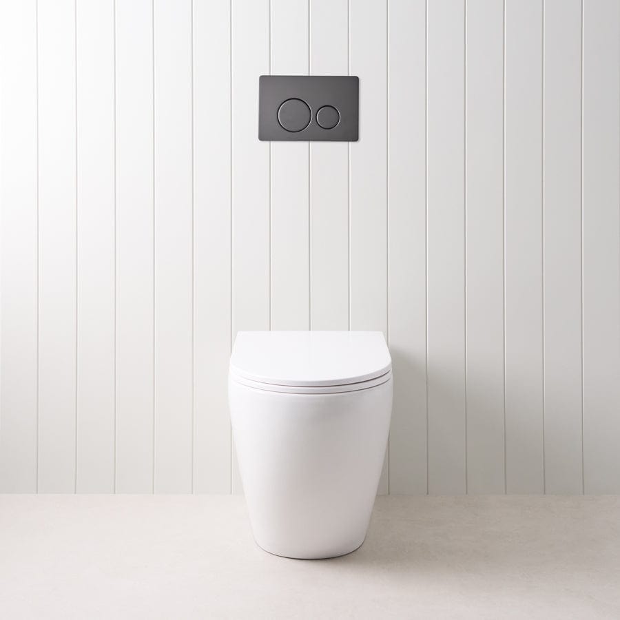 Modern Curved In-Wall Toilet with Round Matte Black Buttons - Space-Saving Wall-Mounted Design for Contemporary Bathrooms