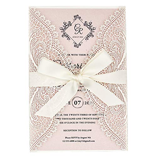 25-Pack White Lace Laser Cut Wedding Invitations with RSVP Cards - Elegant Blush Pink Shimmer Stationery for Weddings, Sweet 16 Parties, Bridal Showers & Birthday Celebrations - Perfect for Formal Events & Special Occasions