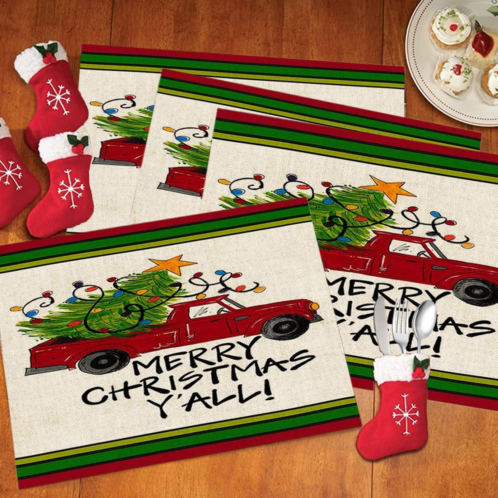 Jesmacti Christmas Placemats Set of 4 - 18x12 Inch Holiday Table Mats with Red Truck & Tree Design - Festive Dining Decor for Christmas Parties, Family Gatherings & Seasonal Home Styling