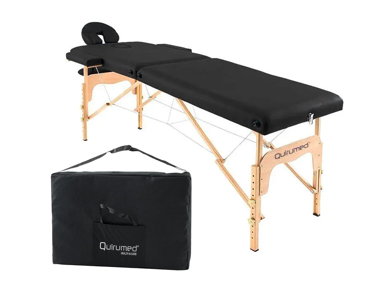 QUIRUMED Professional Wooden Folding Massage Table - Black, 186x66cm, Adjustable Height with Articulated Head - Leatherette Surface for Physical Therapy & Spa Treatments - Portable for Home & Professional Use