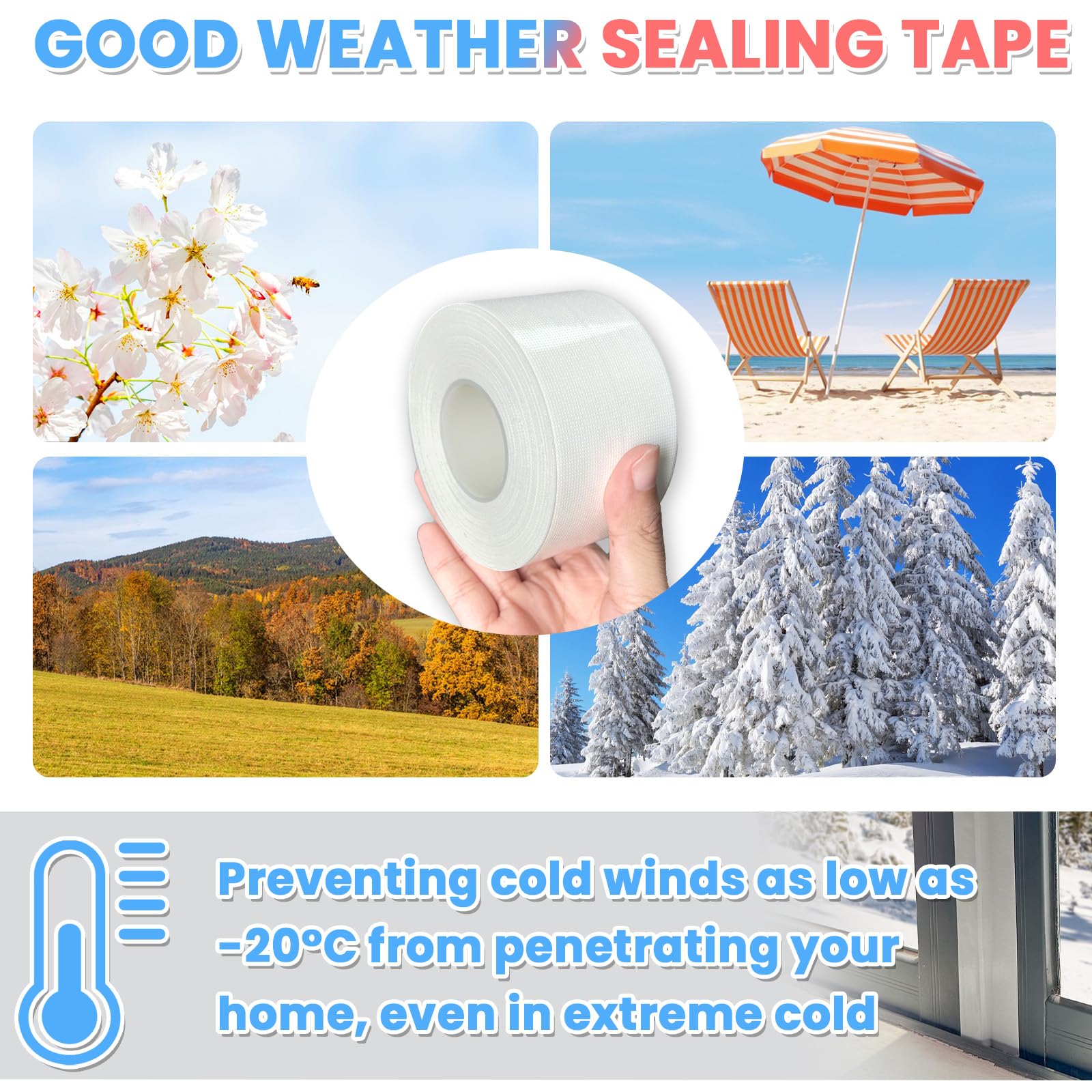 Self-Adhesive White Window Weather Sealing Tape - No Residue Draft Isolation Film for Windows & AC Units - Waterproof, Cold Air & Dust Proof - Perfect for Home Insulation, Energy Savings & All Seasons Protection