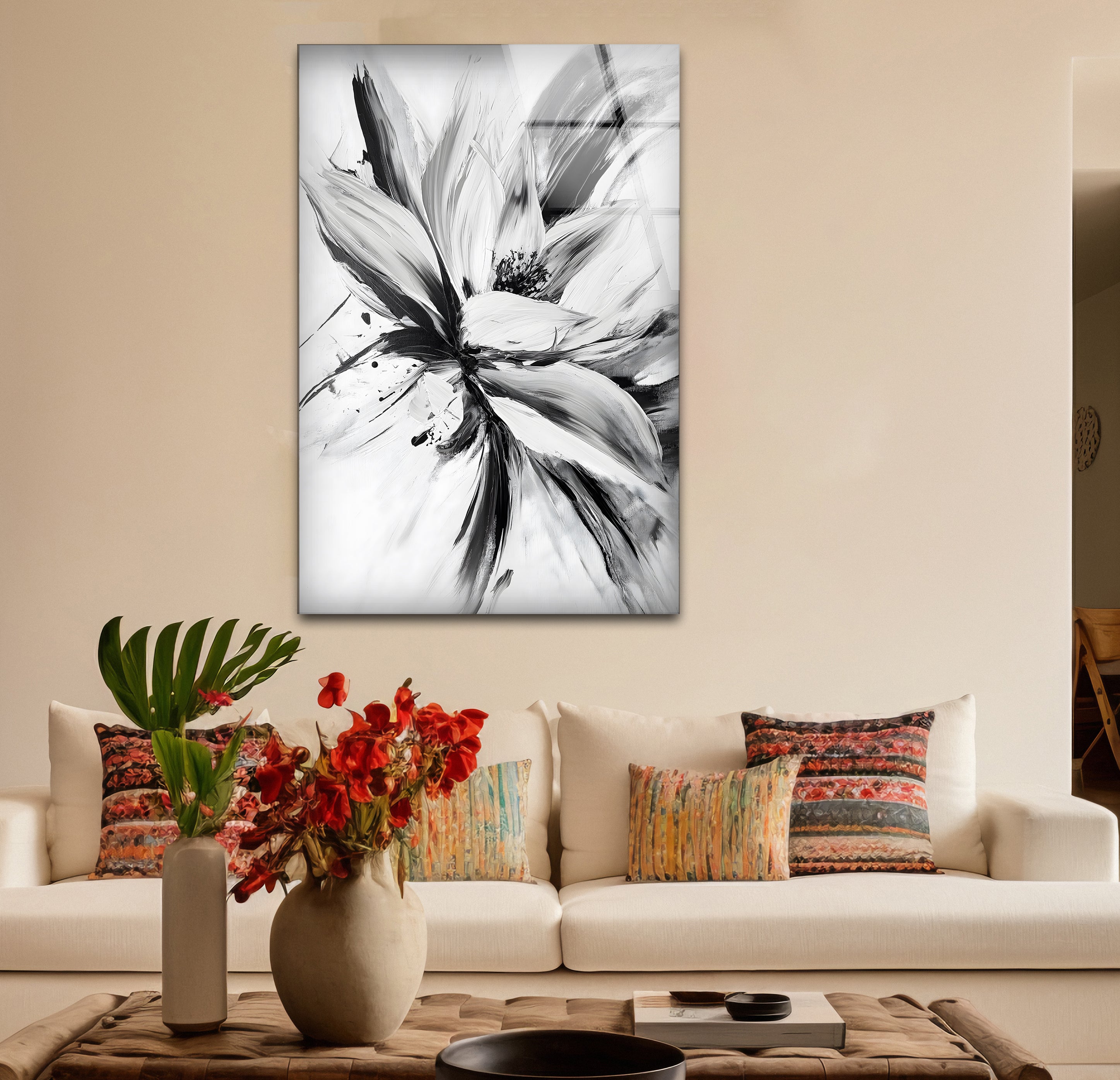 Modern Black and White Abstract Floral Glass Wall Art - Elegant Home Decor for Living Room, Bedroom & Office