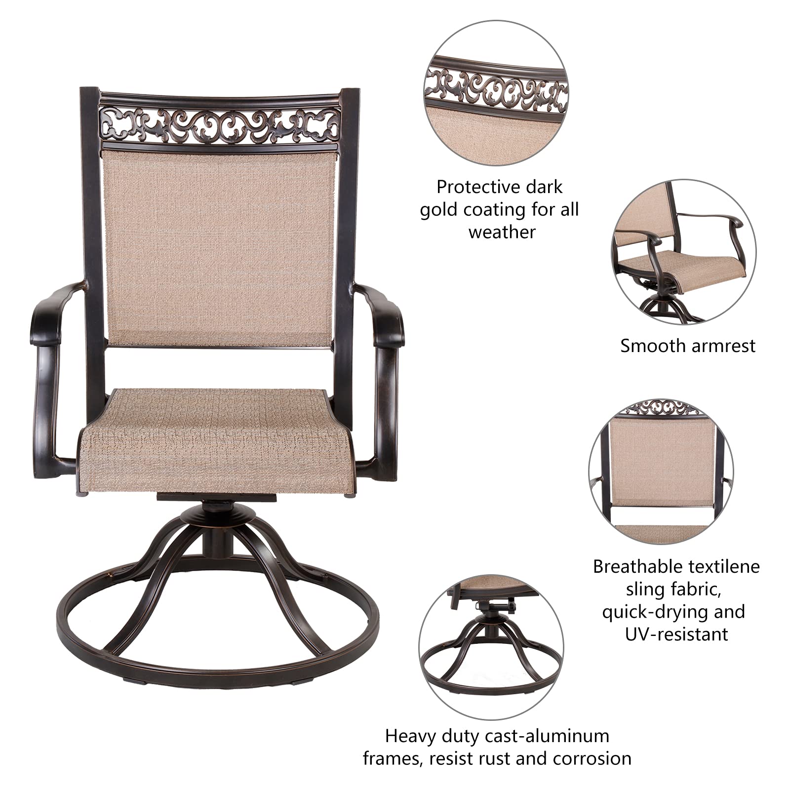 DALI 5-Piece Outdoor Patio Dining Set with Swivel Rocker Chairs & 48-Inch Round Aluminum Table – Perfect for Backyard, Garden, and Poolside Relaxation