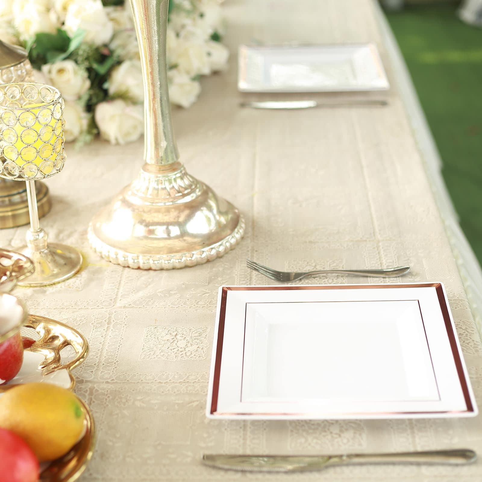 Efavormart 20 Pack 10 Inch White Square Disposable Plastic Plates - Elegant Rose Gold Rim for Weddings, Parties, Events & Special Occasions - Perfect for Salads, Desserts & Appetizers