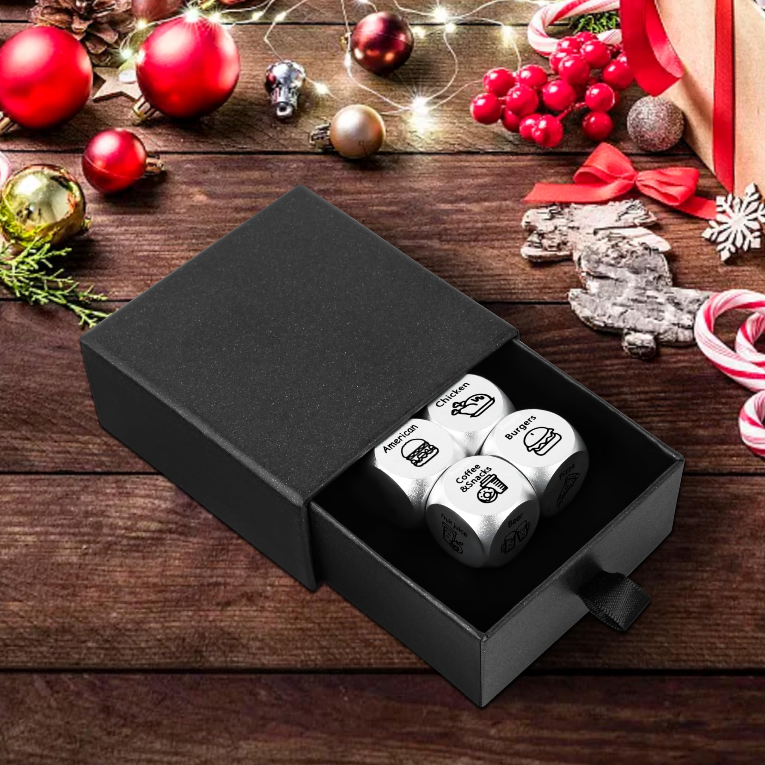 4Pcs Metal Food Decision Dice Set - Fun Couples Game for Anniversaries, Valentine's Day, Birthdays & Date Nights - Perfect Gift for Girlfriend, Boyfriend, Wife or Husband | Great for Romantic Dinners & Decision Making