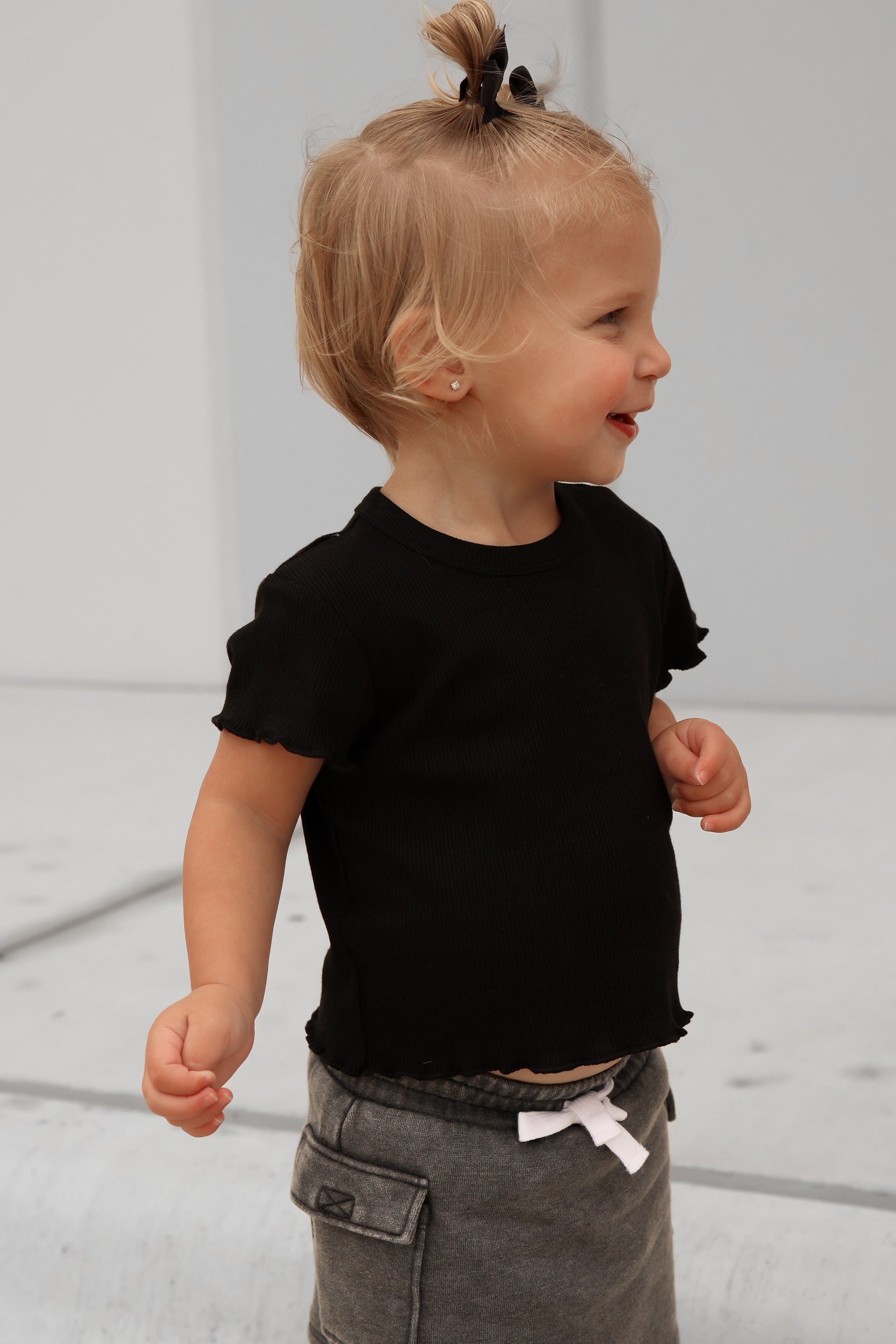 Stylish Ribbed Lettuce Trim Tee in Black - Perfect for Casual Outfits, Layering & Everyday Wear
