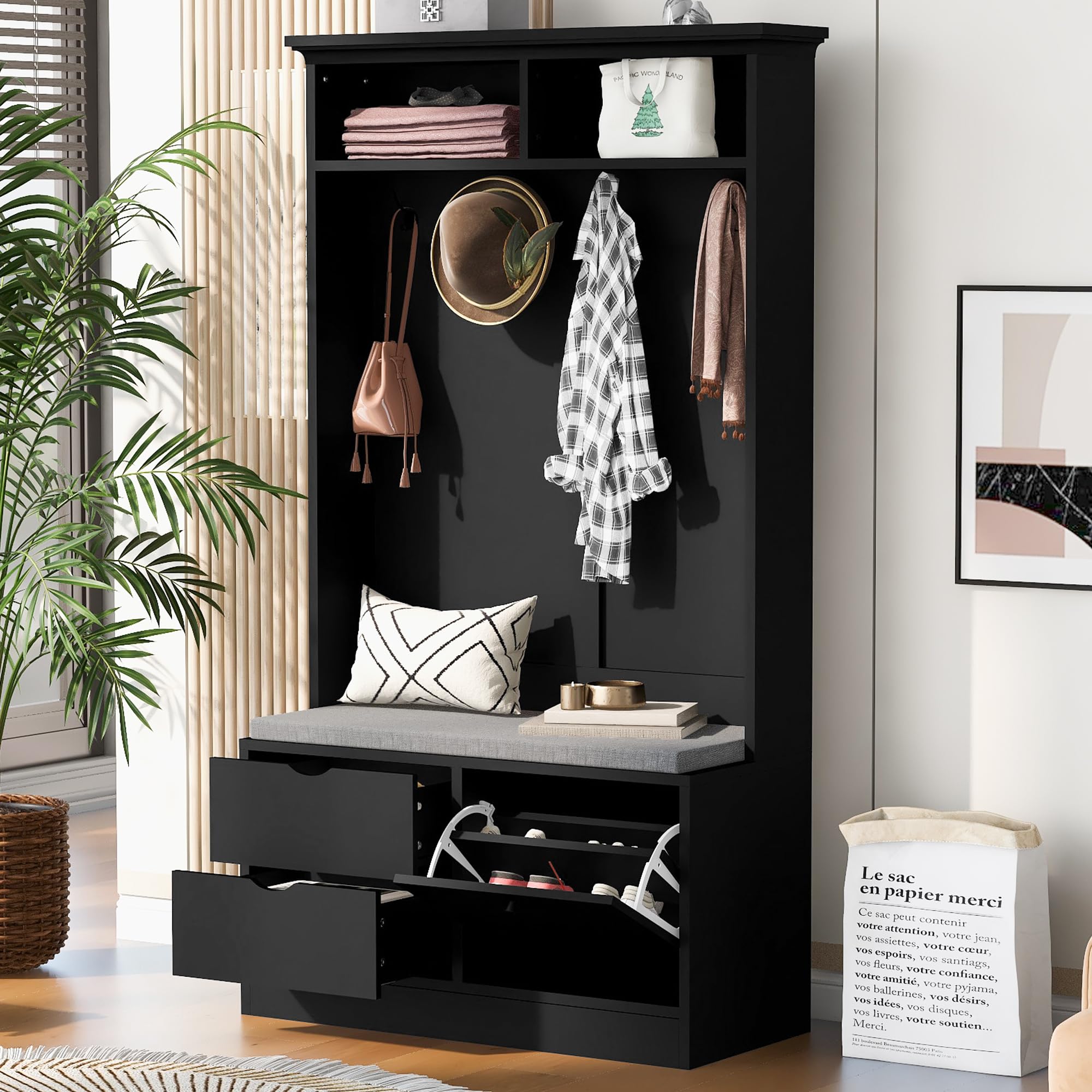 Polibi Modern Entryway Coat Rack with Upholstered Bench, Flip-Up Shoe Storage & 2 Drawers - Hall Tree with 4 Metal Hooks & Top Shelf - Space-Saving Entryway Organizer for Living Room, Bedroom, Hallway (Black) - Perfect for Small Spaces & Home Organization