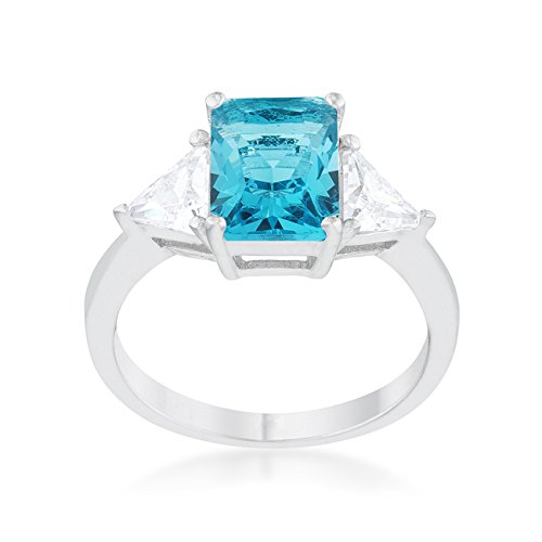 4.5ct Blue Topaz & Cubic Zirconia Rhodium Plated Engagement Ring - Radiant & Trillion Cut for Weddings, Proposals & Anniversary Gifts