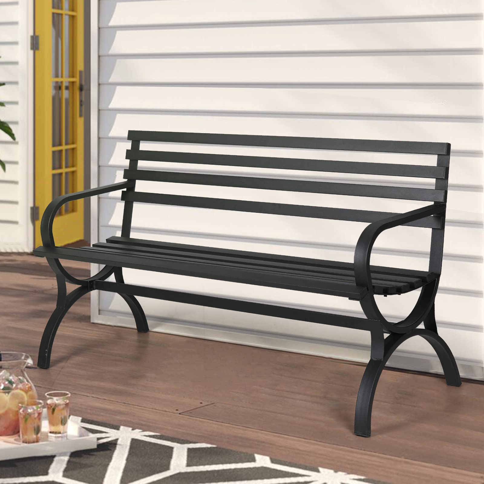 Sophia & William Outdoor Garden Bench - Metal Frame Patio Park Bench with Backrest & Armrests - Black - Perfect for Porch, Yard, Lawn, Deck & Garden Seating