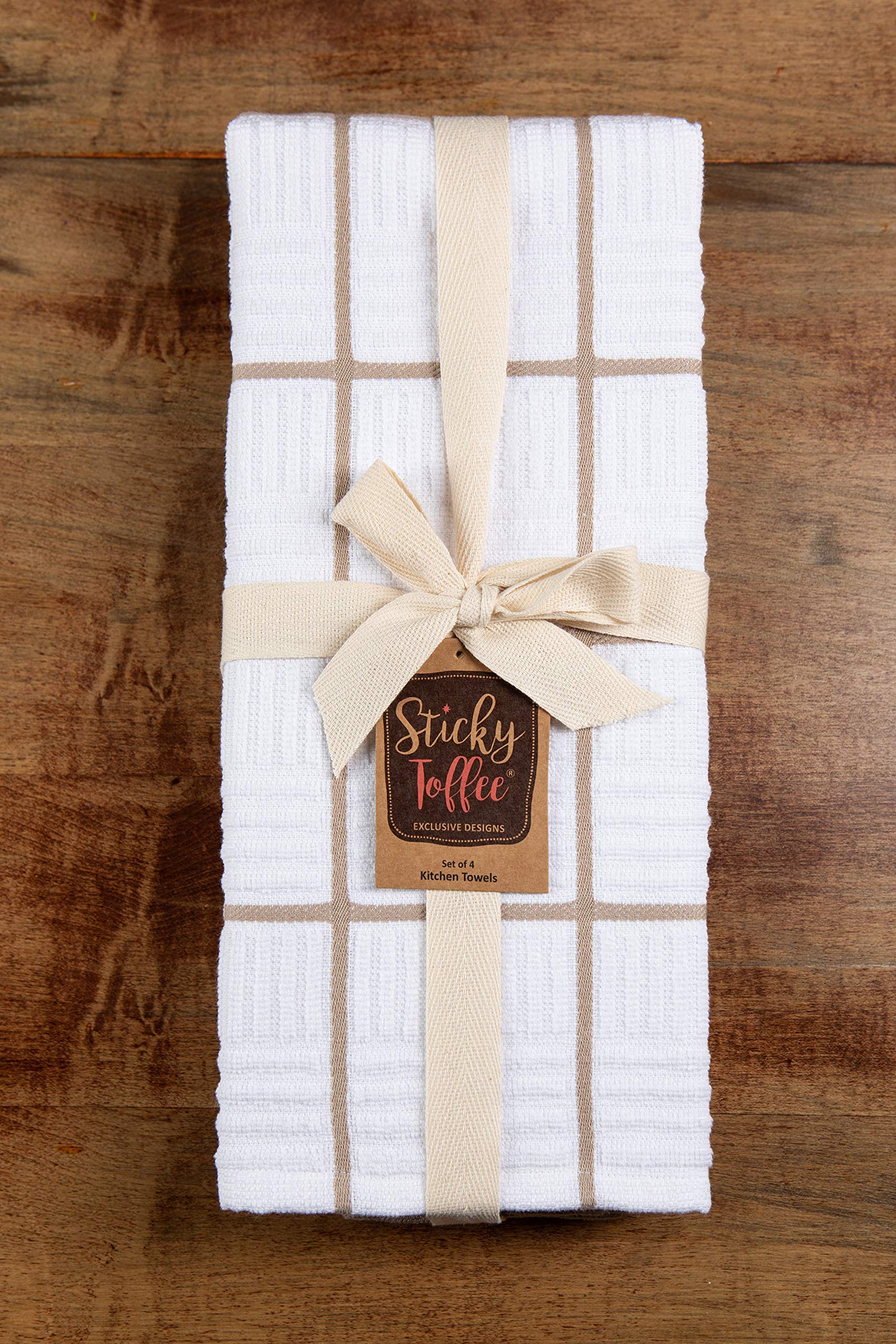 Premium 100% Cotton Kitchen Dish Towels Set of 4 - Absorbent & Reusable Tan & White Hand Towels, Tea Towels & Cleaning Cloths (28