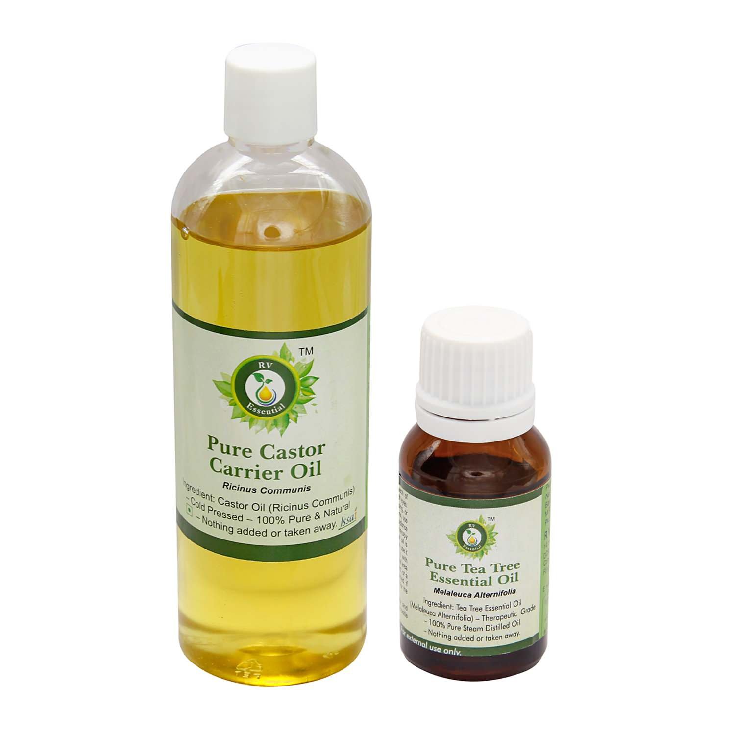R V Essential Castor Carrier Oil (200ml) & Tea Tree Essential Oil (30ml) Set - 100% Pure Natural Hair Growth & Skin Care Solution - Perfect for DIY Beauty, Aromatherapy & Massage