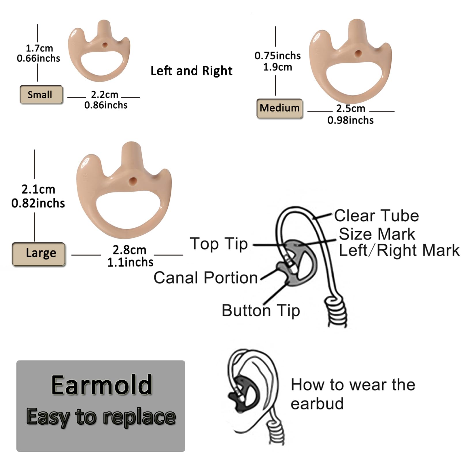 HYS Soft Earmold Replacement Ear Pieces - Flexible Open Ear Insert Earbuds for Transparent Air Acoustic Security Radio Surveillance Headset - Perfect for Security Guards, Law Enforcement & Surveillance Professionals