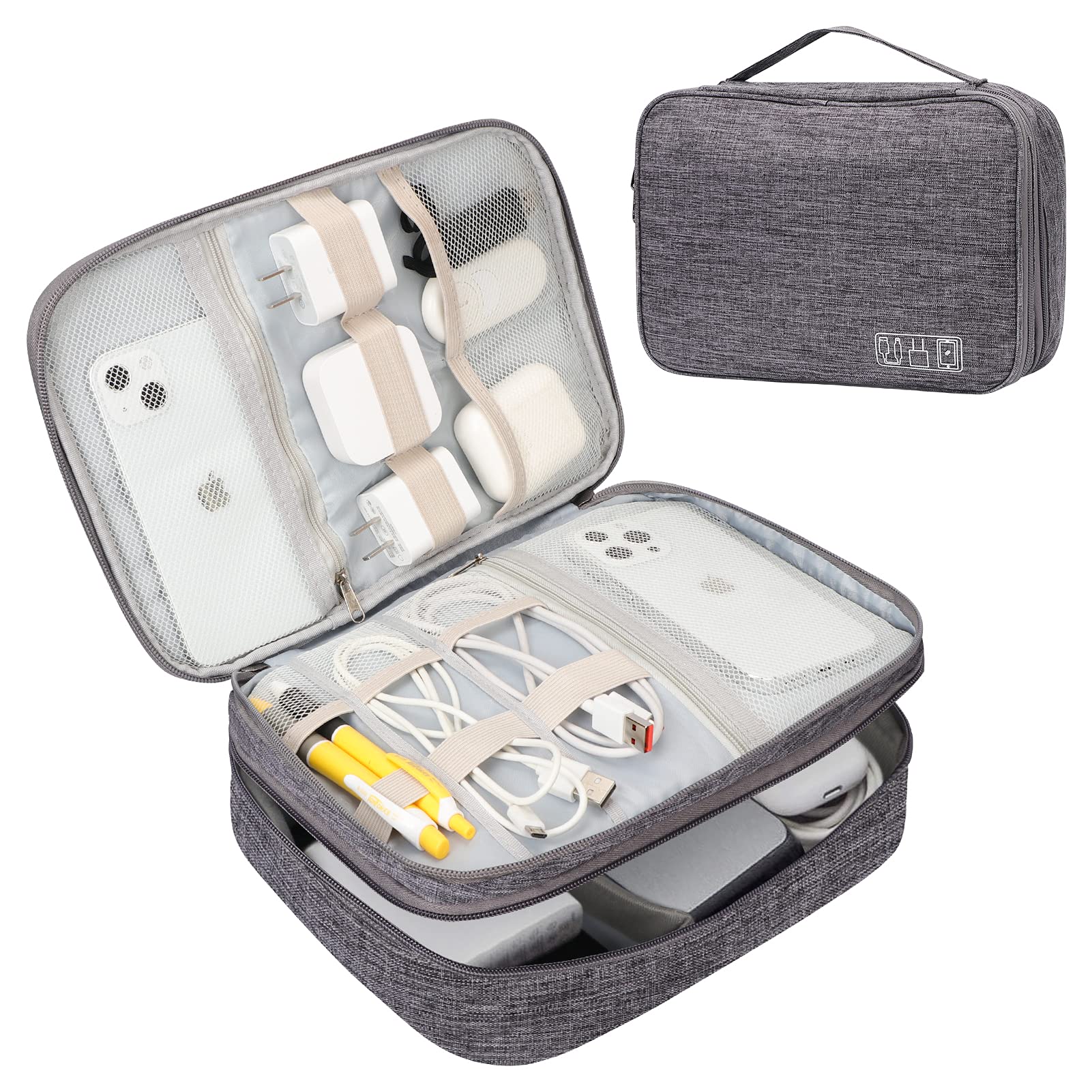 FYY Waterproof Electronic Organizer Travel Case - Double Layer Cable Organizer Bag for Chargers, Cords & Tech Accessories | Perfect for Travel, Office & Home Organization (Grey)